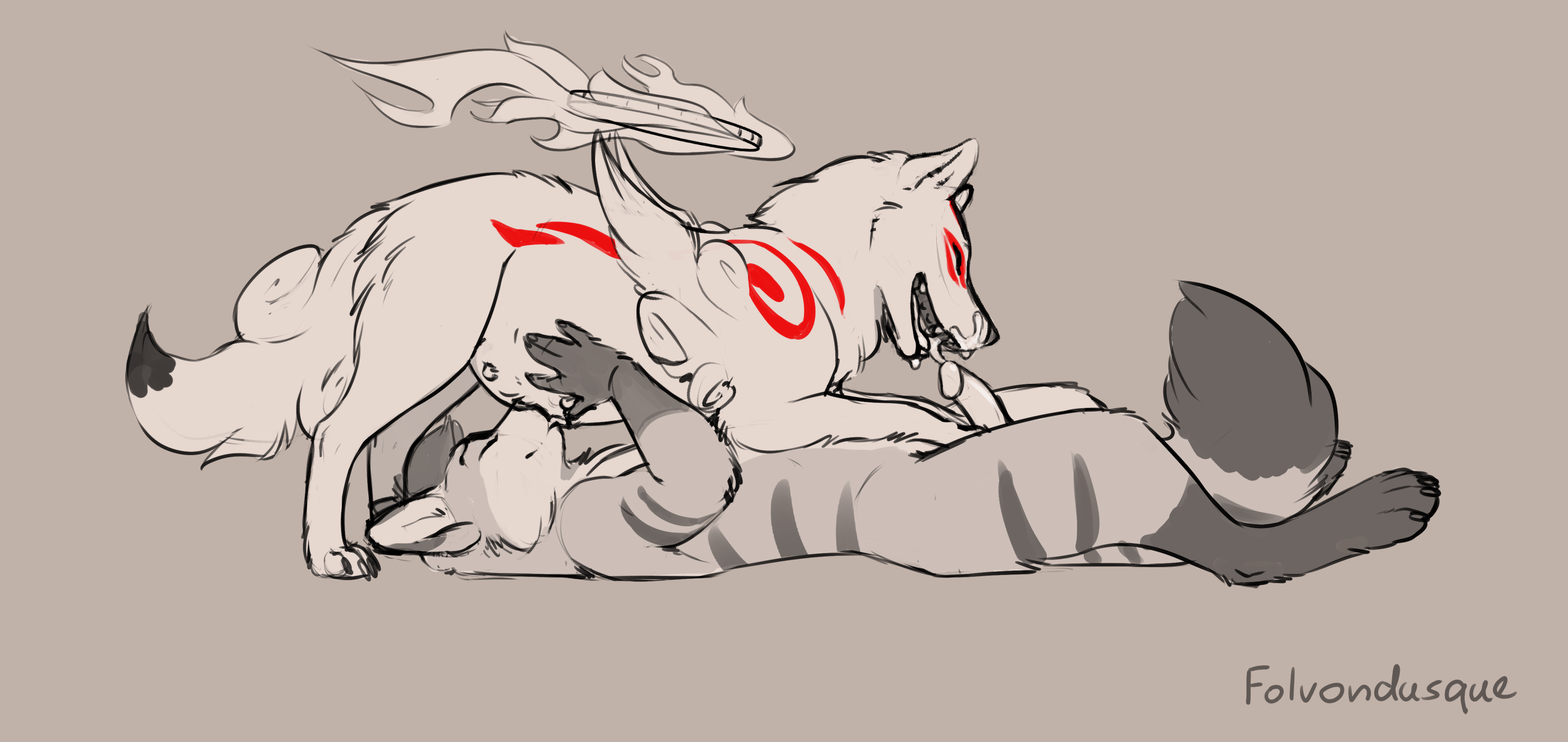 amaterasu, capcom, ōkami, 2020, hi res, monochrome, simple background, anthro, anthro on feral, belly lick, bodily fluids, canid, canine, canis, claws, cum, cum in mouth, cum inside, deity, digitigrade, dipstick ears, dipstick tail, domestic cat, duo, felid, feline, felis, female, female on top, feral, finger claws, folvondusque, genital fluids, gloves (marking), hybrid, inner ear fluff, kissing, leg markings, lying, male, male/female, mammal, markings, multi nipple, multicolored ears, nipples, on back, on top, oral, pregnant, pregnant female, red markings, sex, socks (marking), tail markings, teats, toe claws, tuft, video games, wings, wolf, zoophilia, 