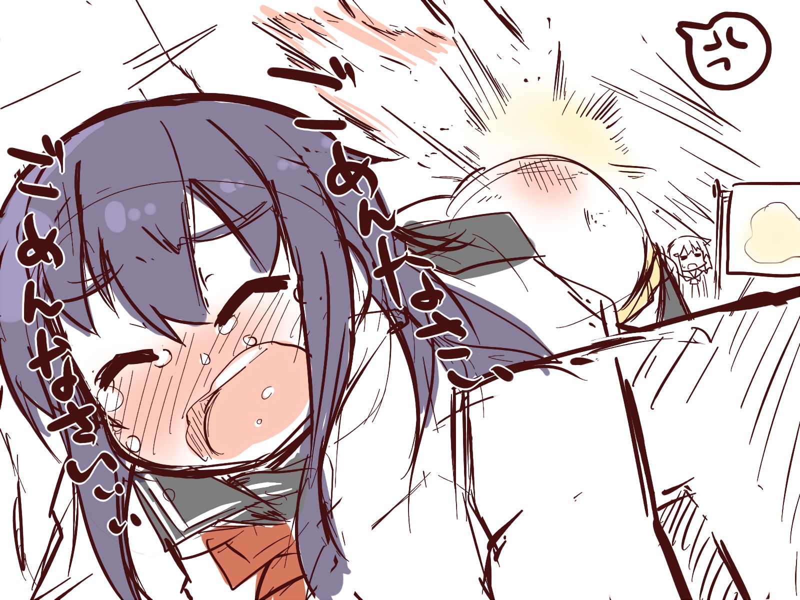 admiral (kantai collection), akatsuki (kantai collection), ikazuchi (kantai collection), kantai collection, blush, crying, open mouth, punishment, spanked, spanking, tears, yellow panties, 