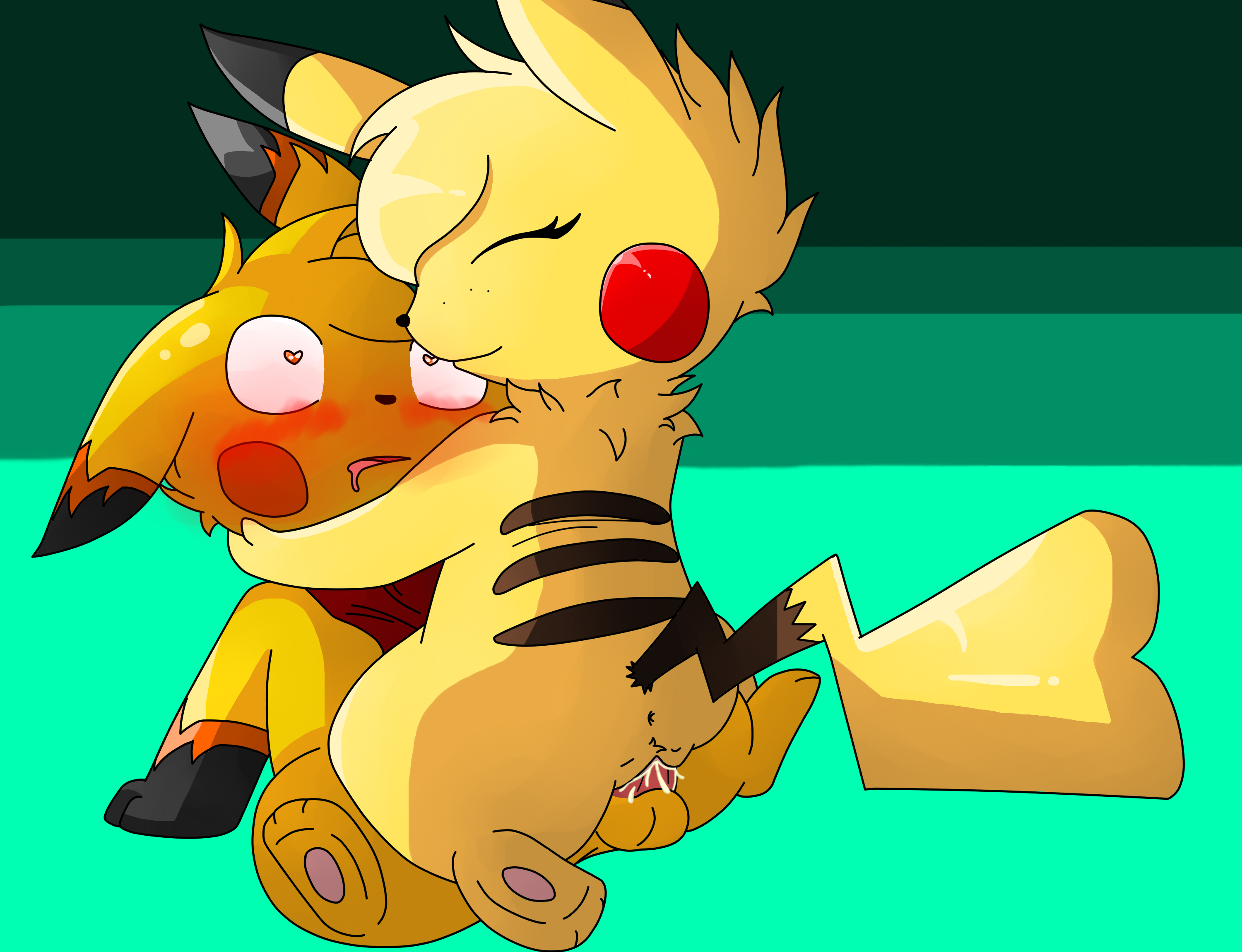 pikachu, nintendo, highres, invalid tag, simple background, anus, ass, balls, blush, cleft tail, closed eyes, cum, cum in pussy, cum inside, duo, ejaculation, erection, eyelashes, female, feral, fur, happy, happy sex, heart, male, open mouth, orgasm, penetration, penis, pokemon, pussy, sex, smile, straight, stripes, tongue, vaginal penetration, video games, yellow fur, 