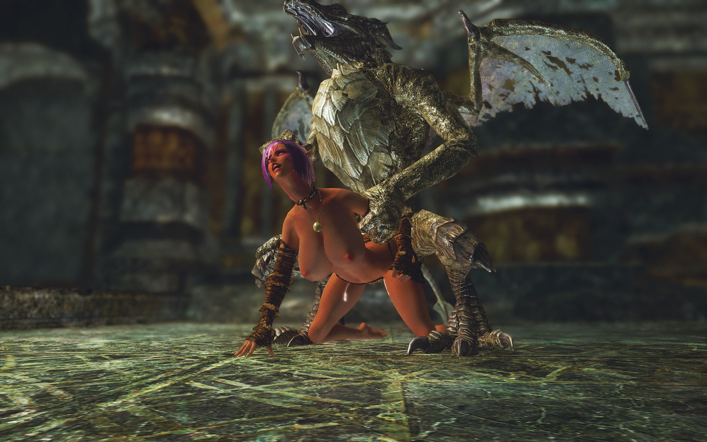 skyrim, 3d, all fours, anal, big breasts, claws, doggystyle, dragon, elf, holding, lizard, membranous wings, monster, mounted, nipples, pink hair, scales, scalie, tanned, toe claws, violet hair, wings, 