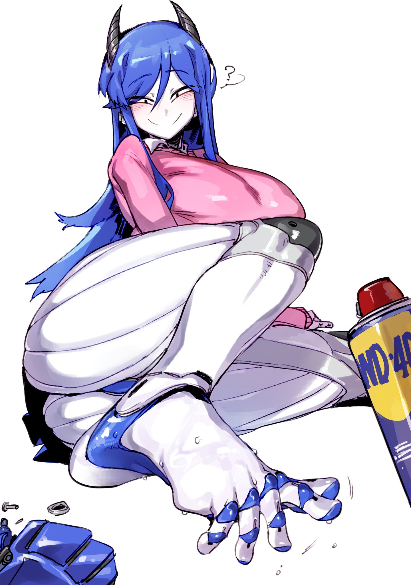 bonnypir, doppel, original character, 1girls, android, android girl, ass, big ass, big breasts, breasts, fanart, feet, female, female only, fingerlike toes, flexible toes, foot fetish, gynoid, huge ass, huge breasts, iria (minkye), oiled, oiled feet, pink clothing, presenting, presenting feet, purple hair, robot, robot girl, smug, smug face, thick thighs, voluptuous, wd-40, wd40, white body, white skin, wide hips, 