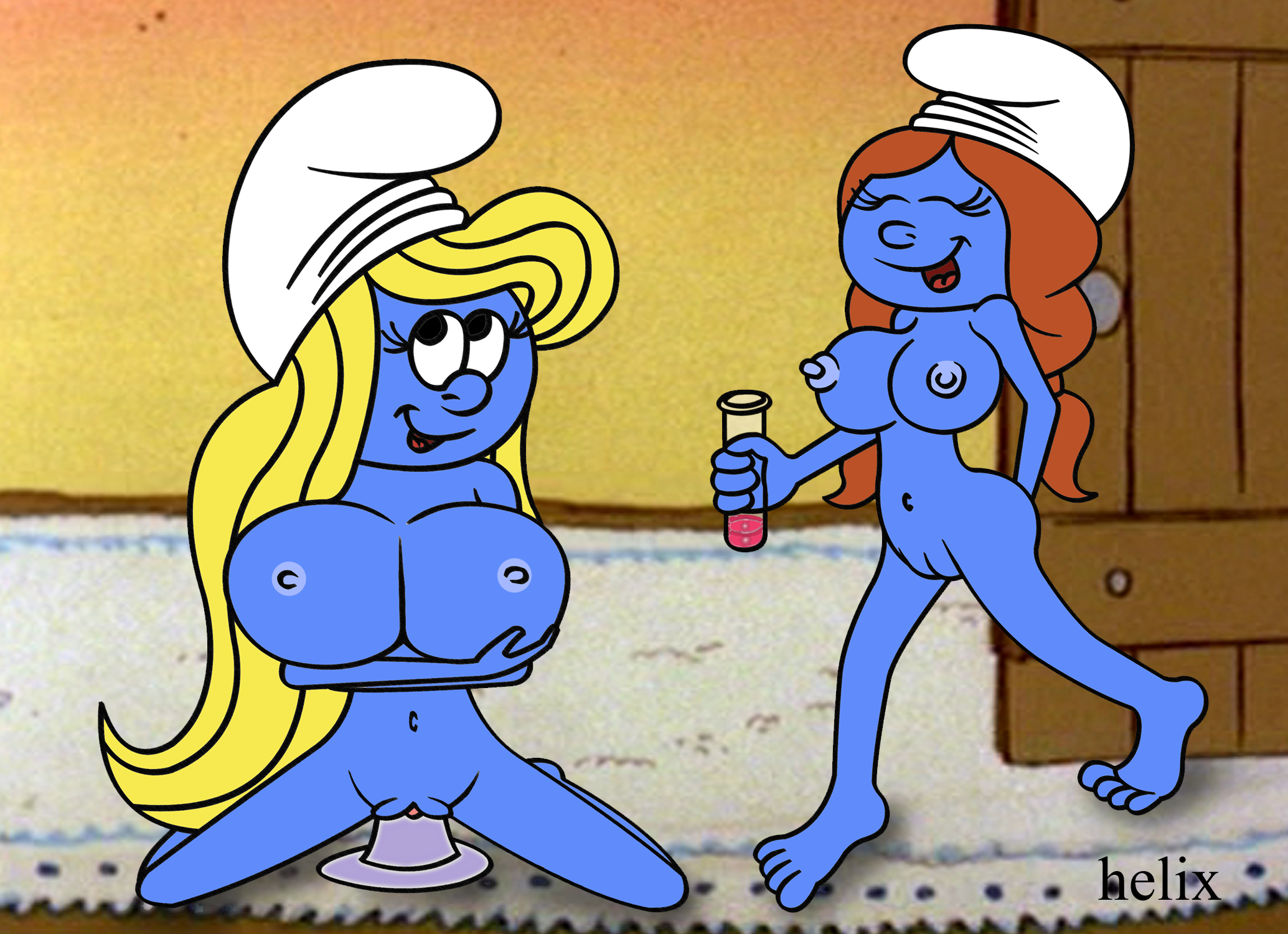sassette, smurfette, the smurfs, tagme, 2girls, helix, large breasts.