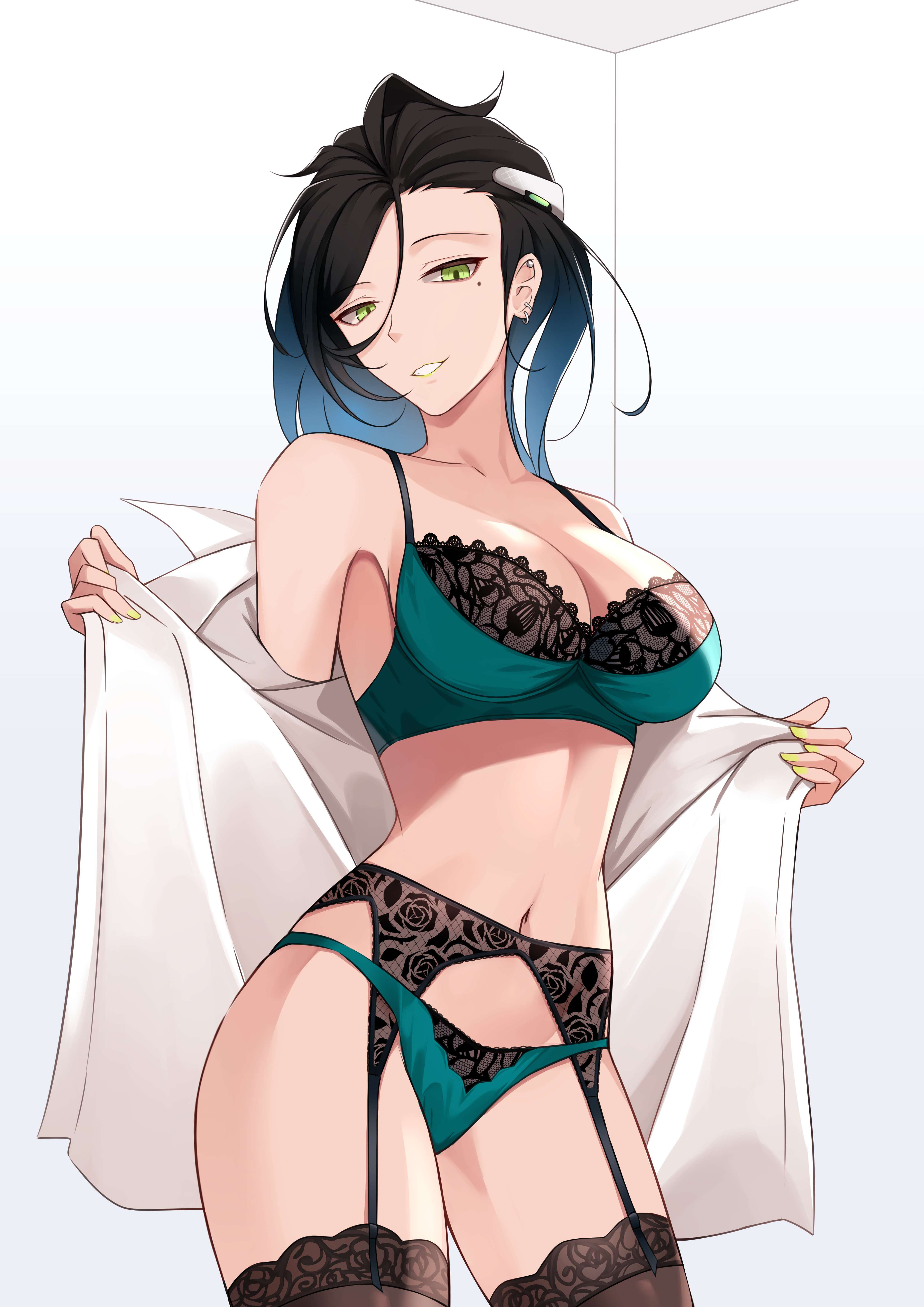 absurd res, high resolution, large filesize, very high resolution, black hair, bra, breasts, cleavage, clothing, earrings, exhibitionism, female, garter straps, gradient hair, green eyes, hair ornament, hakugin006, large breasts, lingerie, long hair, looking at viewer, mole, mole under eye, multicolored hair, navel, open shirt, pantsu, seductive, seductive smile, smile, swept bangs, underwear, undressing, yellow lipstick, 