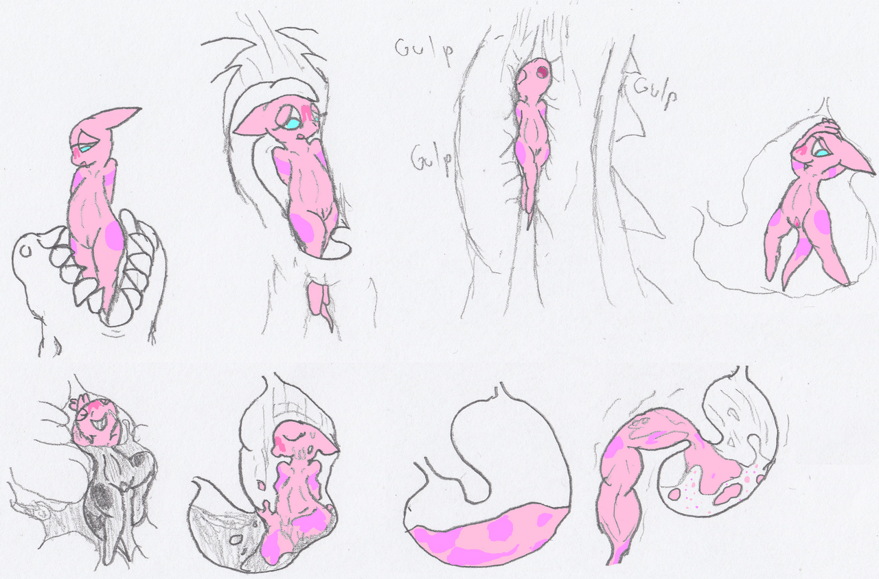 english text, simple background, sound effects, text, white background, ambiguous gender, anonymous character, anthro, anthro prey, blue eyes, blush, bodily fluids, bodily noises, death, different sound effects, digestion, dragon, duo, fatal vore, female, female/ambiguous, fruit dragon, genitals, grin, internal, looking pleasured, mawplay, melting, miel (mielsucre), mielsucre, mixed media, moan, nude, onomatopoeia, open mouth, oral vore, pink body, pink scales, pink skin, pussy, rumbling stomach, scales, scalie, size difference, smile, soft vore, stomach acid, swallowing, tail, teeth, tongue, vore, willing pred, willing prey, 
