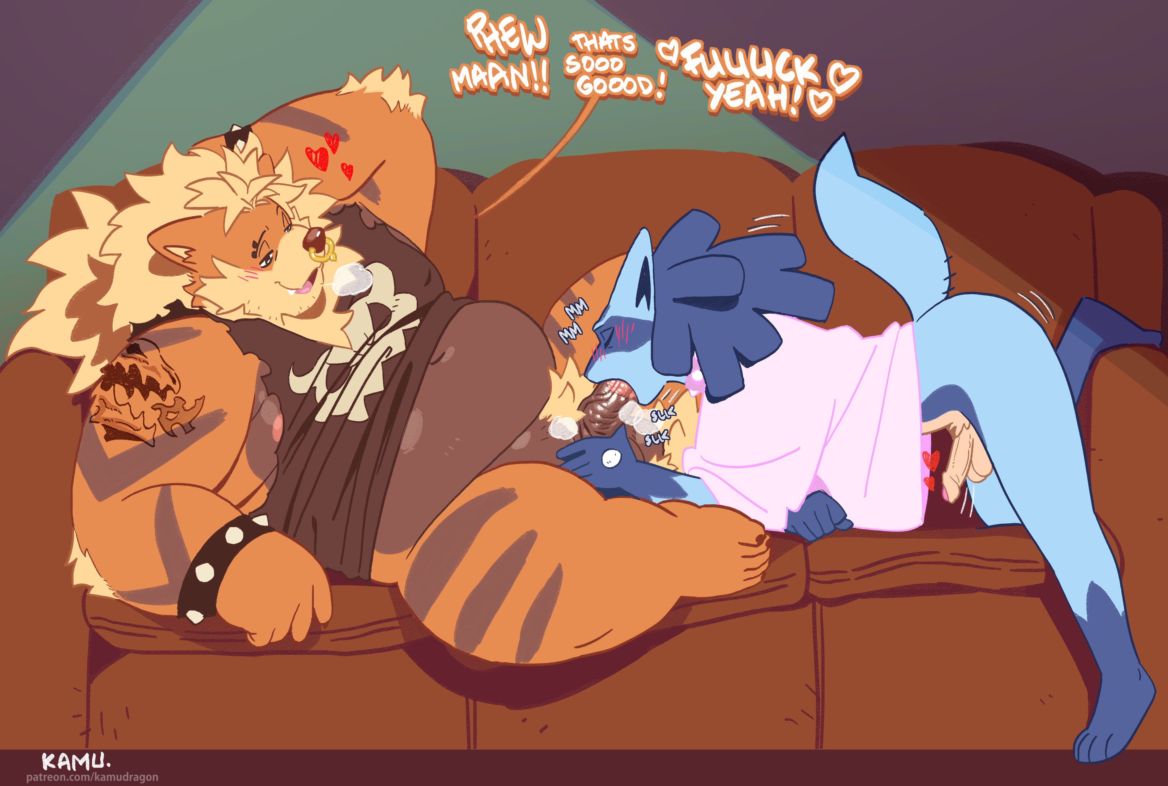 arcanine, lucario, pokemon (species), nintendo, absurd res, english text, hi res, sound effects, text, url, 2025, anthro, anthro on anthro, anthro penetrated, anthro penetrating, anthro penetrating anthro, anthrofied, areola, balls, belly, big belly, big dom small sub, blush, blush lines, bottomless, bottomless anthro, bottomless male, bracelet, breath, claws, clothed, clothing, dialogue, dominant, duo, erection, eyebrow piercing, eyebrows, facial piercing, fellatio, foreskin, furniture, generation 1 pokemon, generation 4 pokemon, genitals, hair, hand behind head, heart symbol, hearts around head, hearts around penis, humanoid genitalia, humanoid penis, inside, jewelry, kamudragon, looking pleasured, lying, male, male/male, male penetrated, male penetrating, male penetrating male, moobs, motion lines, narrowed eyes, navel, nipples, nose piercing, nose ring, on back, on sofa, oral, oral penetration, overweight, overweight anthro, overweight male, penetration, penile, penis, penis in mouth, piercing, pokemon, pokemorph, profanity, pubes, raised clothing, raised shirt, raised tank top, raised topwear, ring piercing, sex, shirt, signature, size difference, smaller penetrated, smile, sofa, spiked bracelet, spikes, tank top, tattoo, thick arms, thick thighs, topwear, 