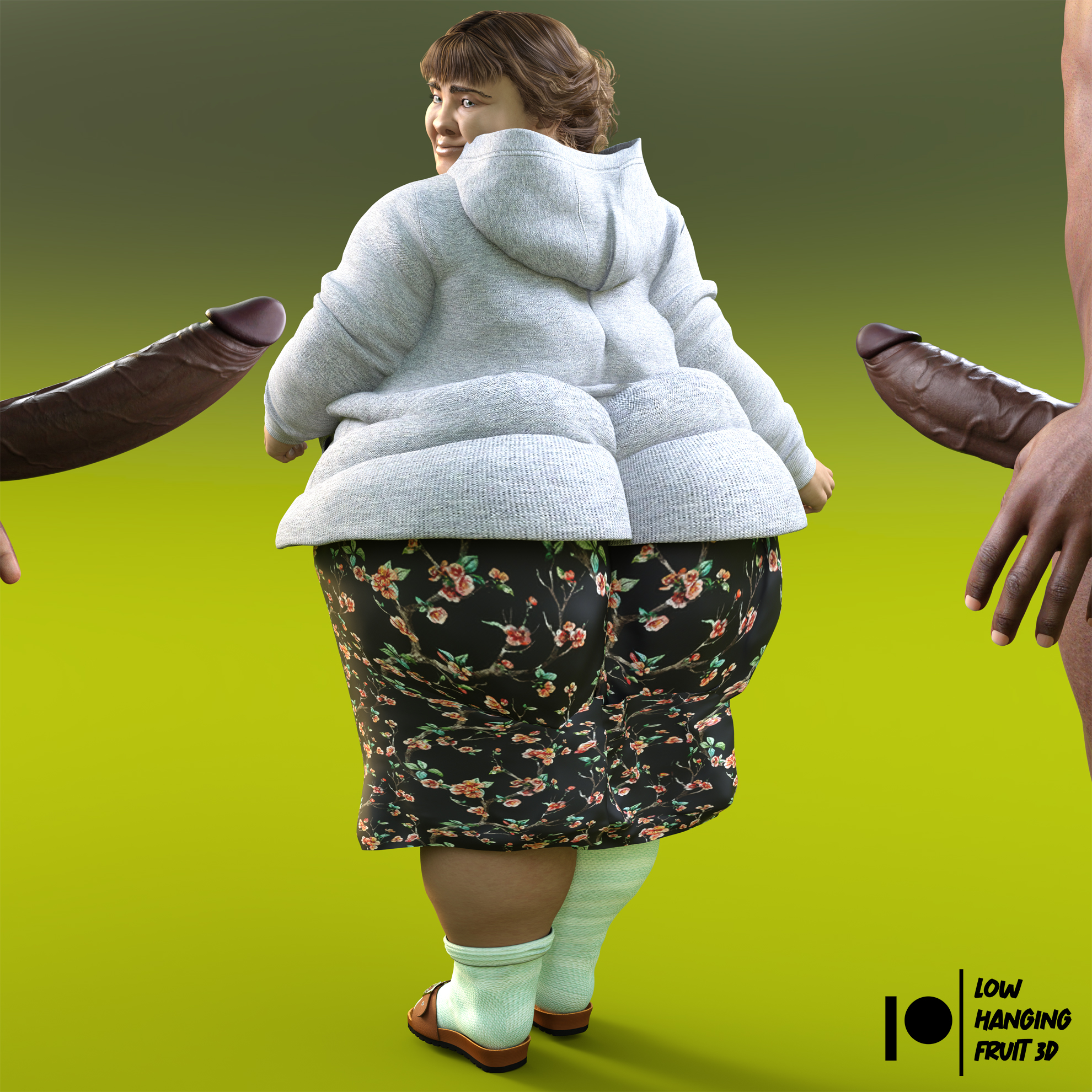 original character, 3d, 3d (artwork), daz3d, daz studio, ass, bbw, big ass, big breasts, big penis, black body, black penis, blue eyes, breasts, brown hair, clothed, clothing, fat ass, female, granny, hips, large ass, large breasts, legs, looking at penis, looking back, lowhangingfruit3d (artist), male, male/female, mature female, milf, obese, old, older female, penis, plain background, skirt, smile, ssbbw, thick ass, thick legs, thick thighs, thighs, ugly, ugly female, vanya markova zhivkova (lhf3d), wide hips, 