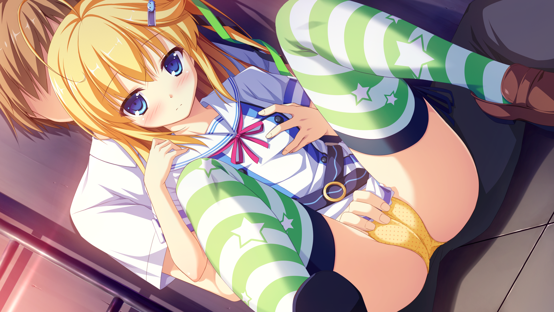 otonashi sorami, g.i.b. girls in black, game cg, blonde hair, blue eyes, breast grab, brown hair, cameltoe, fingering, long hair, otonashi subaru, panties, rken, seifuku, short hair, spread legs, thighhighs, underwear, whirlpool, 