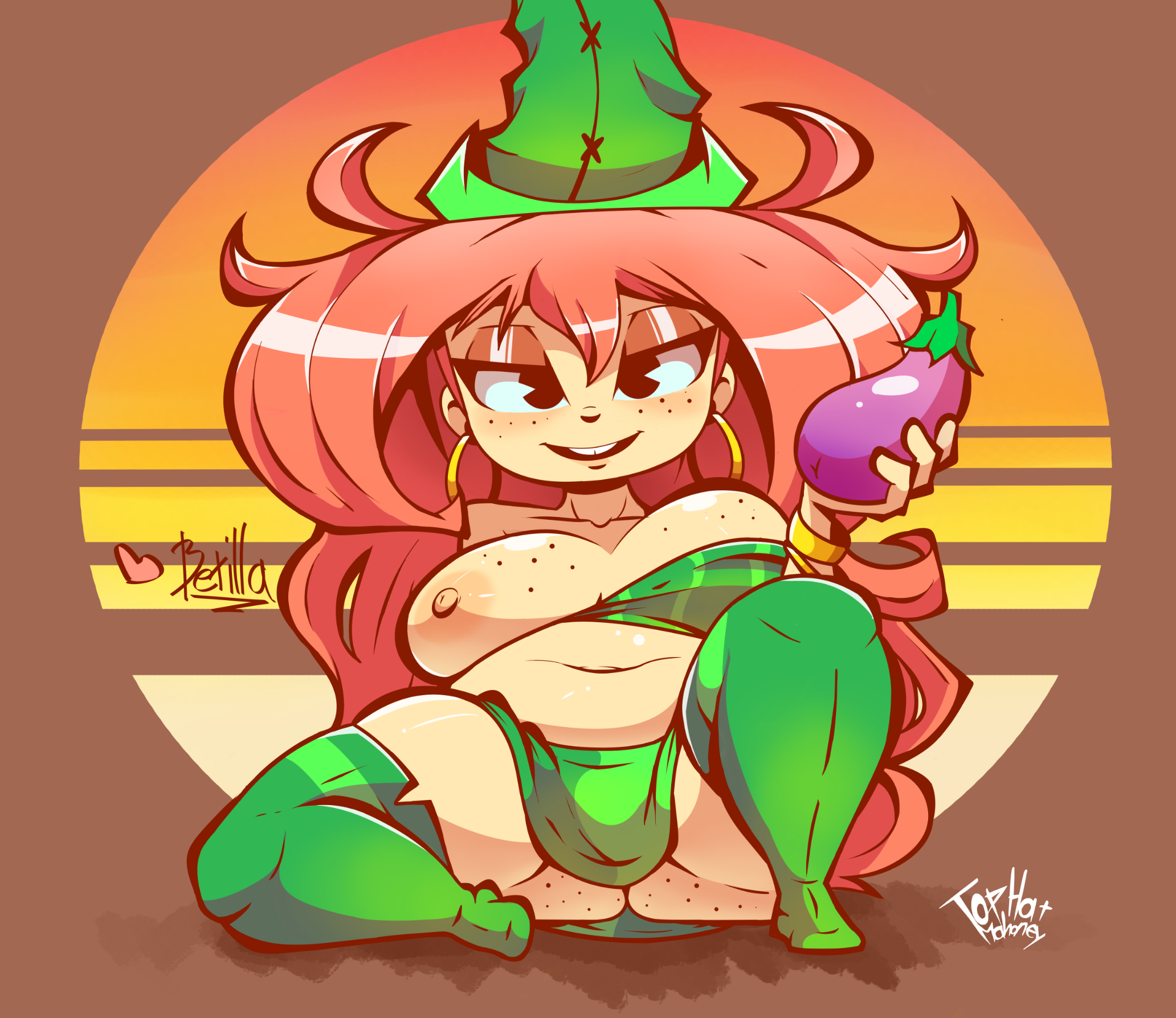tophatmahoney, betilla, nymph (rayman), rayman, rayman origins, ubisoft, highres, 1girls, ass visible through thighs, bare shoulders, black eyes, blush, bracelet, breasts, breasts apart, earrings, eggplant, fairy, female, freckles, green legwear, hat, hoop earrings, looking at viewer, miniskirt, nipples, one breast out, open mouth, plump, red hair, sitting, skindentation, smile, solo, spread legs, thick thighs, thighhighs, tubetop, very long hair, 