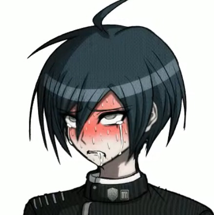 saihara shuuichi, danganronpa, danganronpa v3, color, edit, white background, 1boy, blush, clothed, clothing, crying, crying with eyes open, drooling, eyes rolling back, furrowed eyebrows, heavy blush, looking up, male, male focus, male only, messy hair, saliva, saliva trail, solo, solo focus, sprite edit, tearing up, tears, 