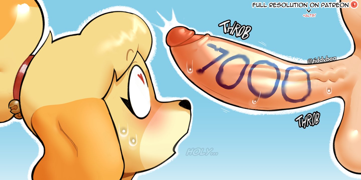 isabelle (animal crossing), animal crossing, nintendo, 2:1, anthro, balls, bodily fluids, canid, canine, canis, domestic dog, duo, female, genitals, heart, human, humanoid genitalia, humanoid penis, looking at genitalia, looking at penis, male, male/female, mammal, offscreen male, penis, shih tzu, sweat, tdtbaa, toy dog, video games, 