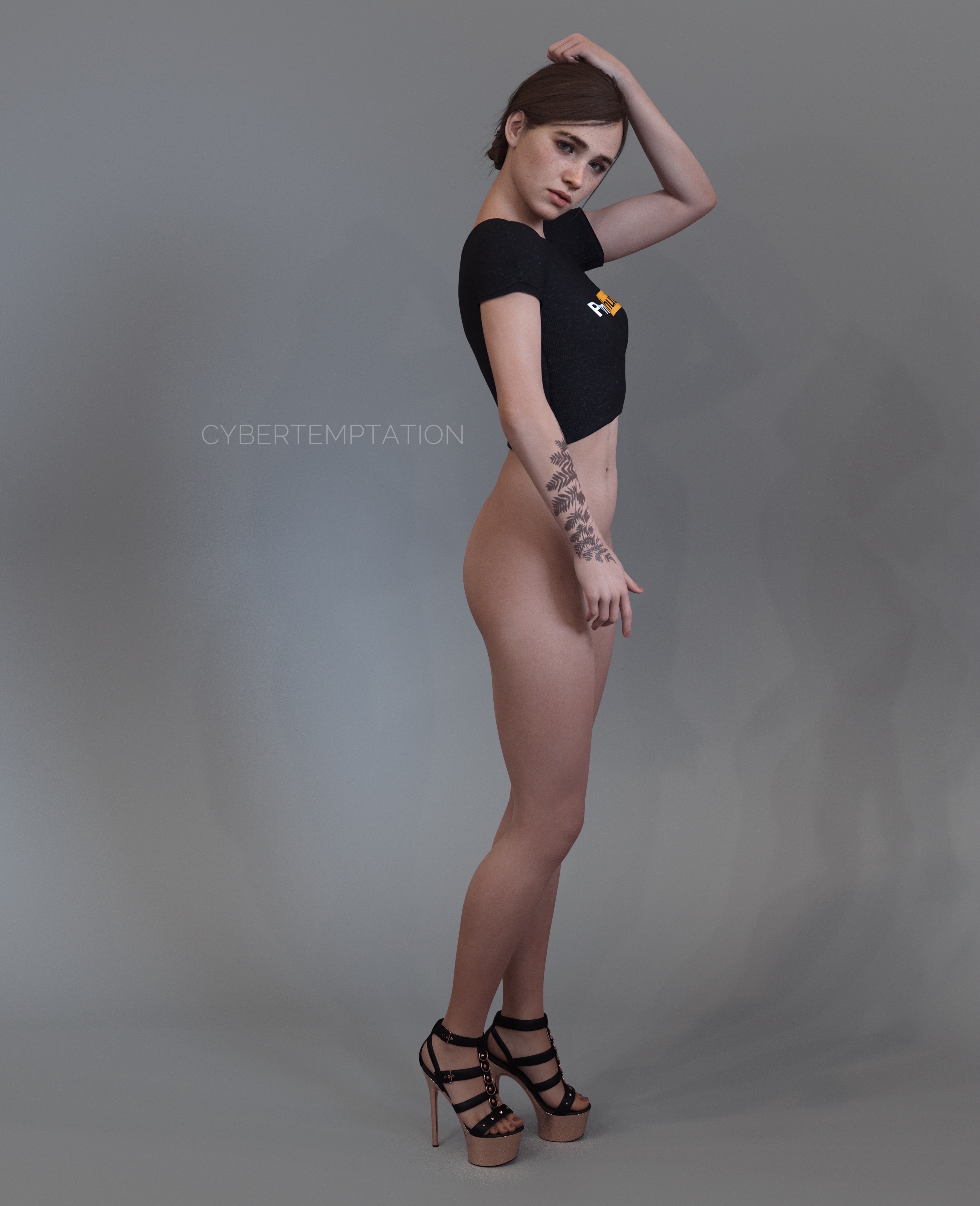 naughty dog, pornhub, sony interactive entertainment, the last of us, the last of us 2, 3d, 3d (artwork), alternate version available, hi res, highres, simple background, 1girls, abs, arm tattoo, bare arms, bare legs, bare midriff, bare thighs, bottomless, brown hair, crop top, cybertemptation, ellie (the last of us), female, female focus, female only, freckles, half-dressed, half naked, heels, hiding pussy, high heels, looking at viewer, midriff, mostly nude, shirt, shoes, short hair, side view, small breasts, small shirt, solo, solo female, solo focus, tattoo, tattoo on arm, tattooed arm, tied hair, toenails, toned, toned female, toned stomach, 