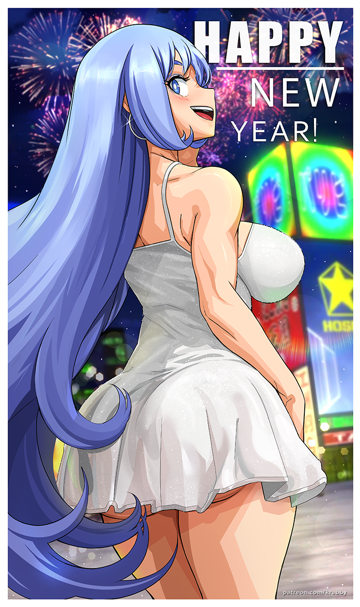 krabby (artist), my hero academia, 1girls, ass, big ass, big breasts, blue eyes, blue hair, breasts, dress, female, female only, happy new year, long hair, nejire hado, sideboob, thick thighs, thighs, 