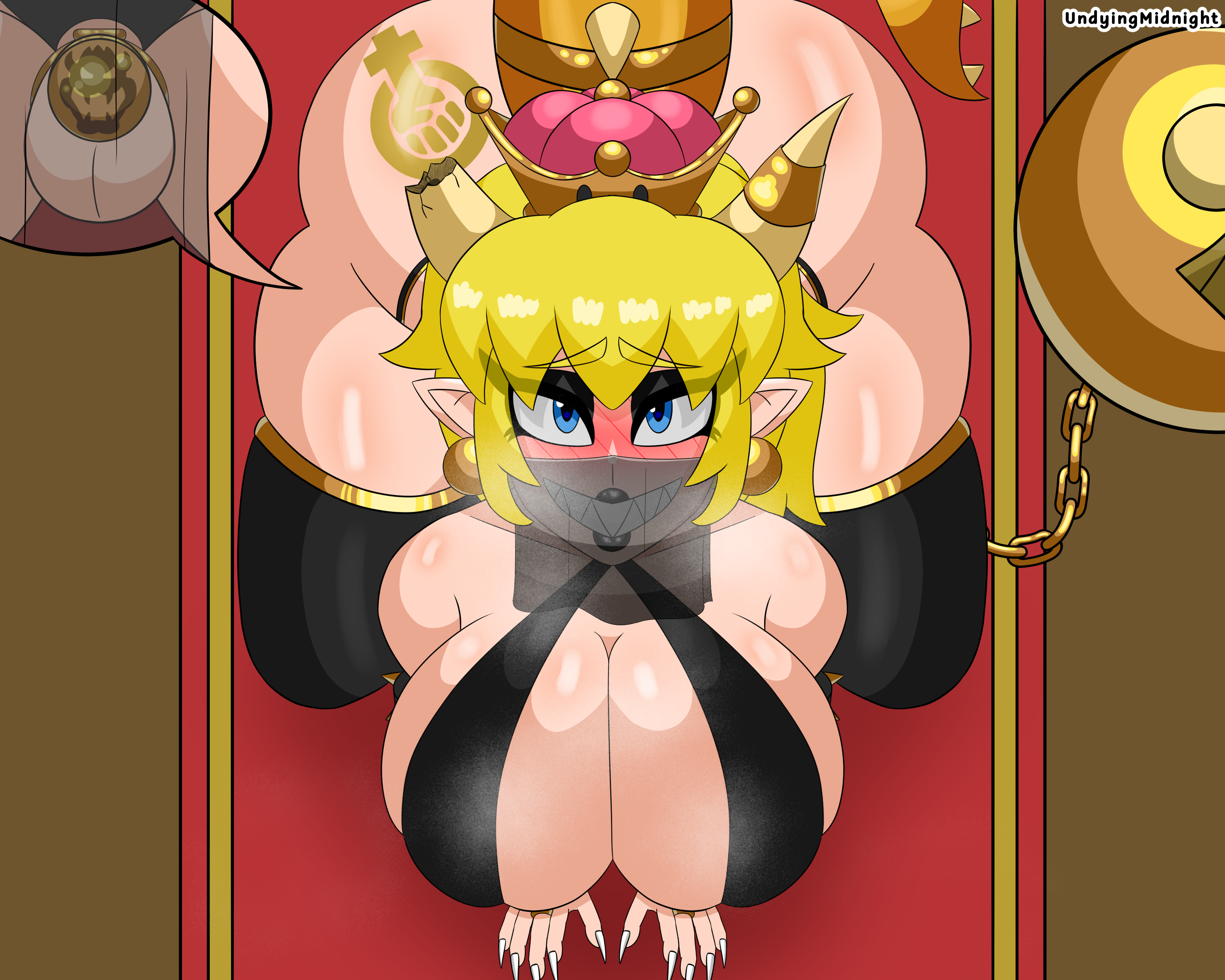 bowsette, chain chomp, mario (series), nintendo, hi res, 1futa, all fours, ass, big ass, big breasts, black legwear, blonde hair, blue eyes, blush, blush lines, blushing, blushing at viewer, breasts, broken horn, cage, caged, caged cock, chained, chains, chastity cage, chastity device, dancer, dancer outfit, face veil, female, futa only, futanari, futasub, gold (metal), gold earrings, gold jewelry, gold trim, grin, harem girl, harem outfit, horn, horns, huge ass, intersex, kneeling, long fingernails, makeup, midnightundying (artist), penis, pov, pov eye contact, sharp teeth, slave, slave girl, slave outfit, small penis, submissive, submissive female, super crown, tail, tattoo, tattoo on butt, thick thighs, thigh highs, thighhighs, thighs, veil, 