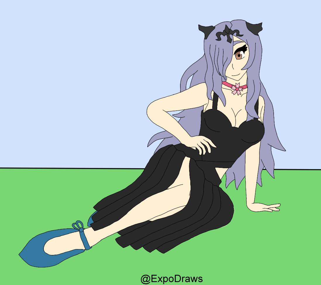 camilla (fire emblem), fire emblem, fire emblem fates, nintendo, 1girls, alternate costume, bare legs, breasts, choker, cleavage, dress, expodraws, female, female only, hair over one eye, horns, legs, long hair, medium breasts, purple eyes, purple hair, smile, solo, very long hair, 