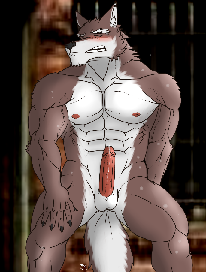 hentist, hideo katashi, 2013, abs, anthro, balls, biceps, big muscles, big penis, blush, canine, claws, closed eyes, clothing, erection, fur, male, male only, muscles, nipples, nude, penis, precum, solo, standing, vein, white fur, wolf, 