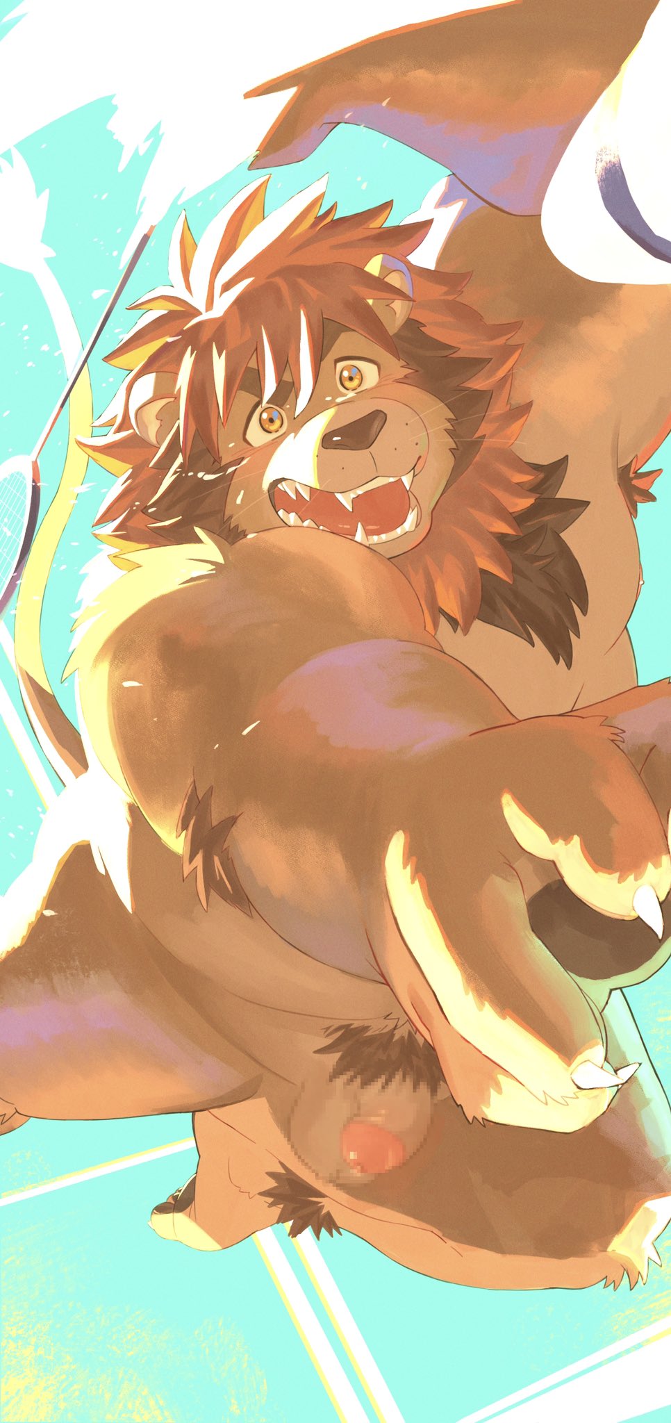 original, censored, commission, highres, mosaic censoring, 1boy, animal ears, armpit hair, badminton, badminton racket, badminton uniform, bara, barefoot, belly, brown fur, chest tuft, completely nude, dyzd1, flaccid, foreshortening, furry, furry male, lion boy, lion ears, lion hair, looking at viewer, male focus, male pubic hair, muscular, muscular male, mutton chops, nipples, nude, open mouth, pectorals, penis, perspective, plump, pubic hair, racket, short hair, skeb commission, solo, sparkling sweat, sweat, thighs, 