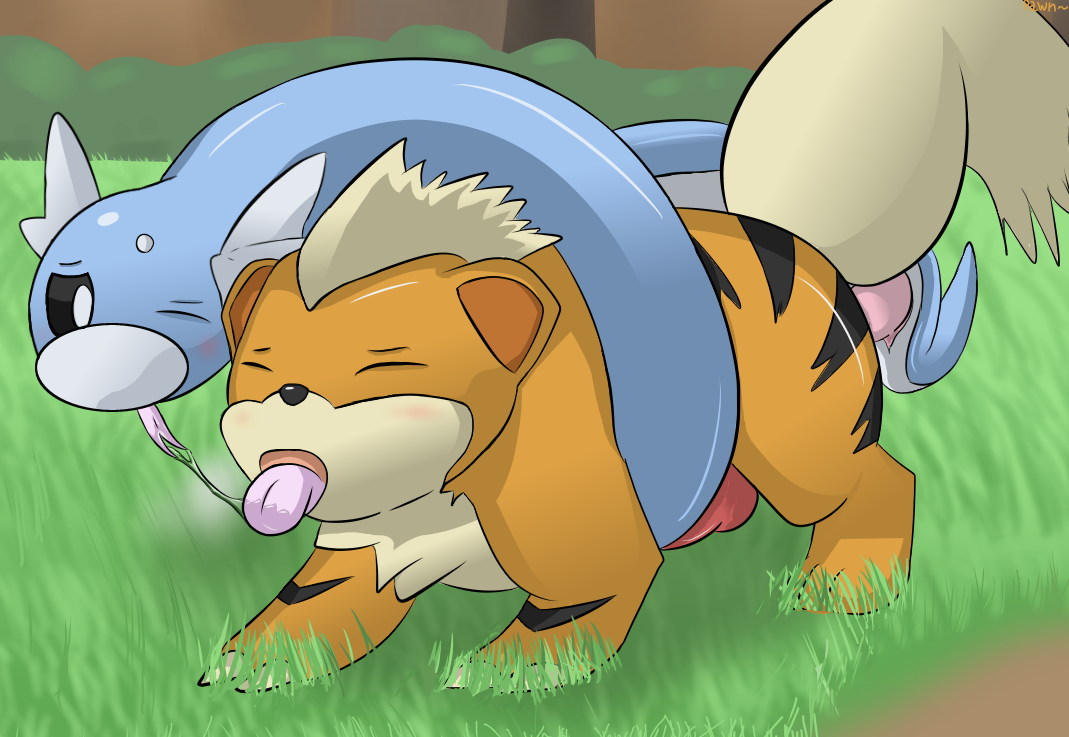 dratini, growlithe, nintendo, hi res, 2boys, anal, anal sex, ass, black eyes, blue skin, blush, canine, canine penis, closed eyes, drooling, erection, feet, forest, from behind, furry, gay, grass, horn, kissing, knot, long tongue, male, male only, open mouth, orange fur, outside, pawn, paws, penis, pokemon, precum, saliva, sex, stripes, tail, tongue, tongue out, tree, video games, wince, 
