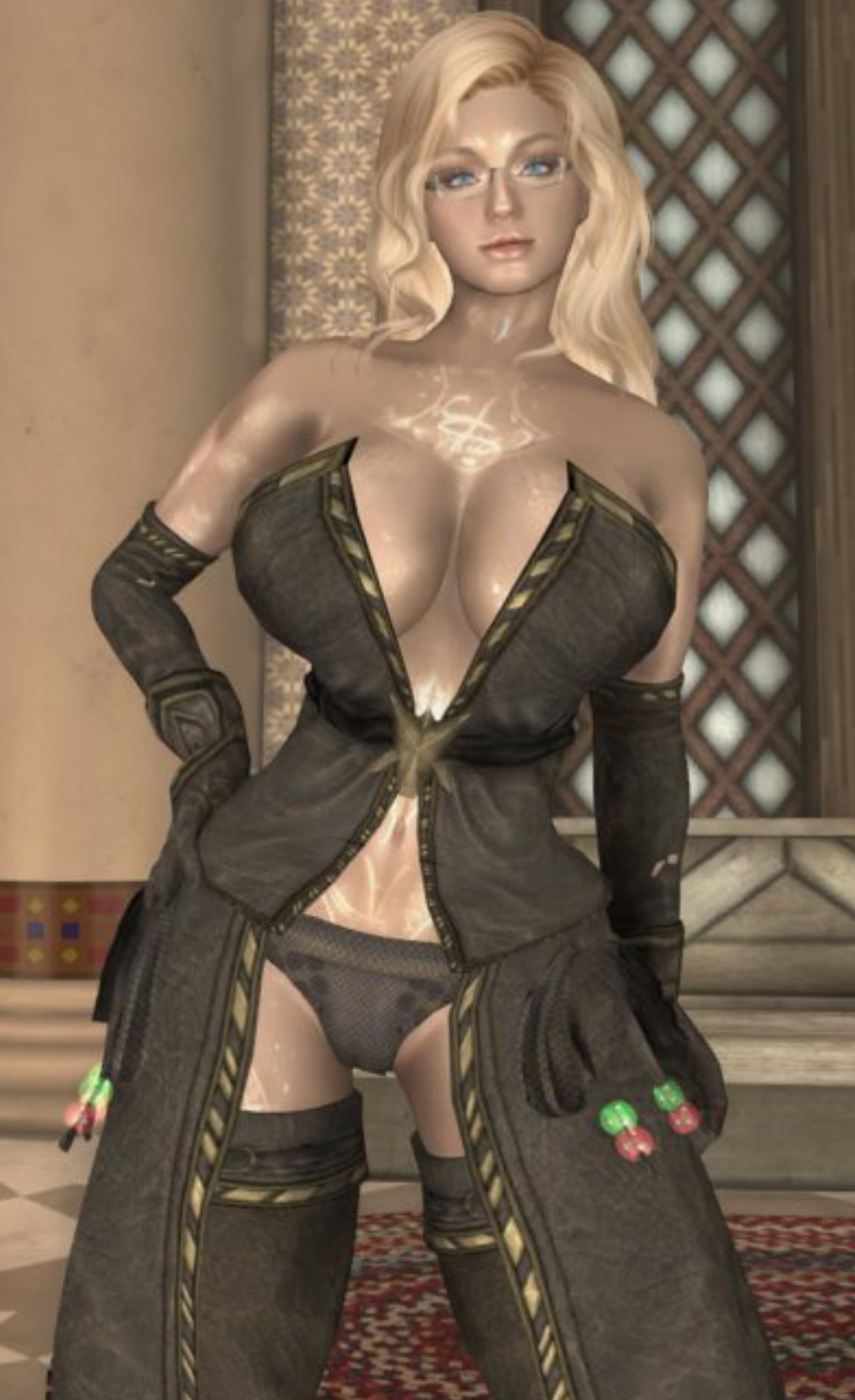 skyrim, the elder scrolls, 3d, tagme, big ass, big breasts, blonde hair, blue eyes, cosplay, dommy mommy, elf orc lunaire, glasses, huge ass, huge breasts, large ass, large breasts, rebecca (original character), seductive, 