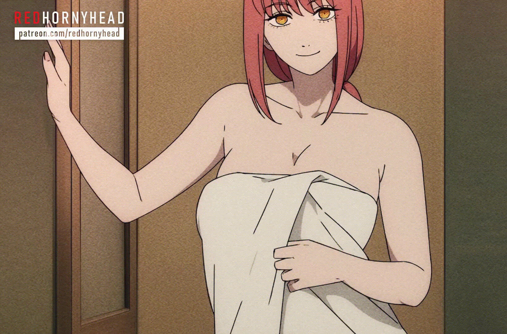 1girls 2d animated areolae big_breasts breasts chainsaw_man completely_nude completely_nude_female doorway eyebrows_visible_through_hair eyelashes female female_only light-skinned_female long_hair looking_at_viewer makima_(chainsaw_man) mommy naked nipples nude nude_female red_hair redhornyhead smile solo towel towel_drop towel_only yellow_eyes