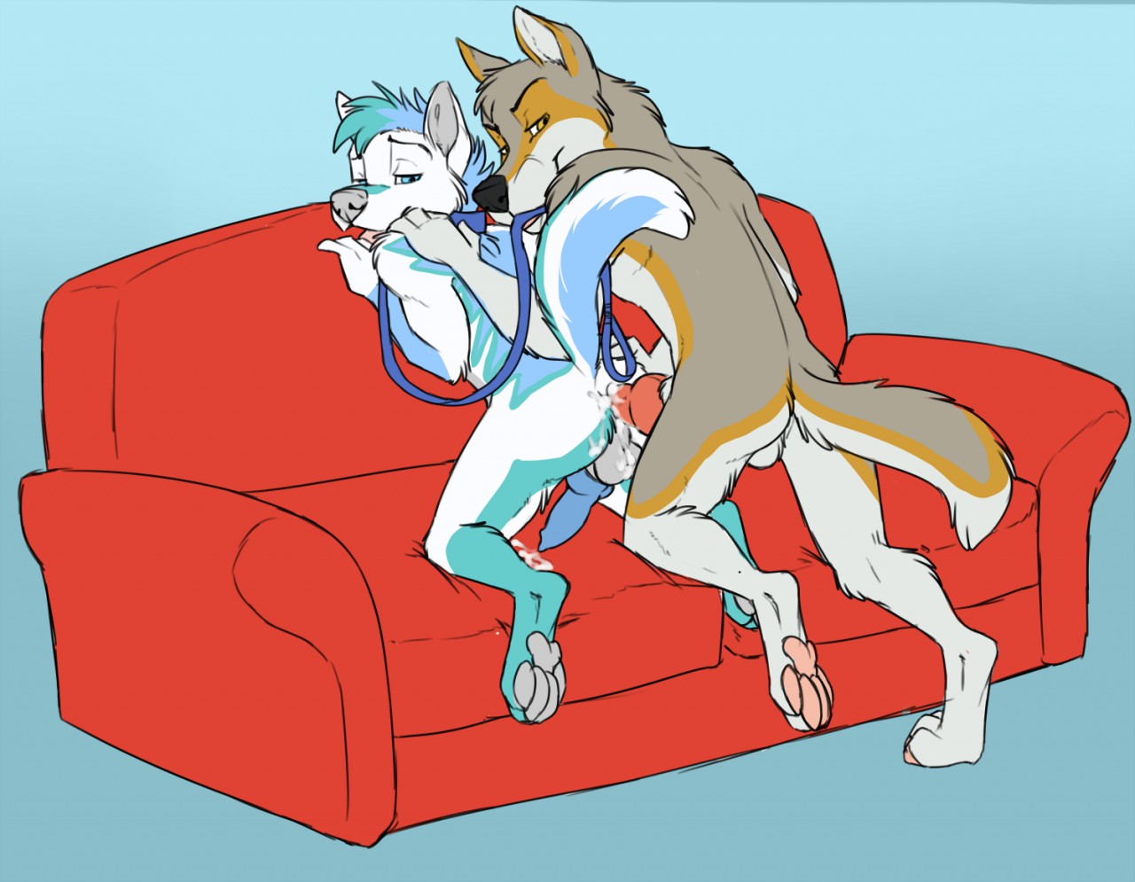 incorgnito, anal, anal sex, animal genitalia, anthro, balls, canine, canine penis, cum, cum in ass, cum inside, duo, erection, knot, leash, looking at viewer, male, mammal, penetration, penis, sex, sofa, wolf, yaoi, 