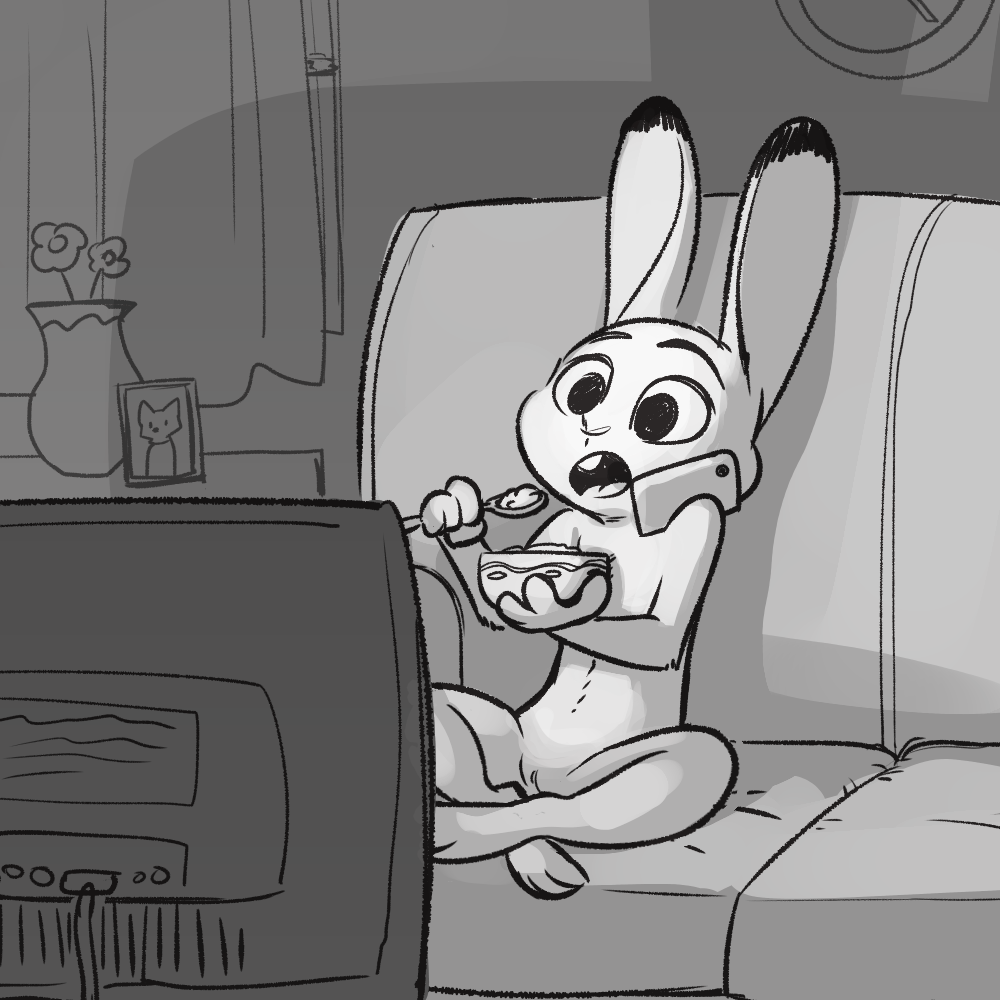 fuel (artist), judy hopps, disney, zootopia, 2017, black and white, greyscale, monochrome, anthro, buckteeth, casual nudity, cereal, cross-legged, crossed legs, dipstick ears, eating, female, flower, food, holding object, inside, lagomorph, mammal, nude, open mouth, phone, phone call, photo, plant, pussy, rabbit, sitting, sofa, solo, teeth, television, watching tv, 
