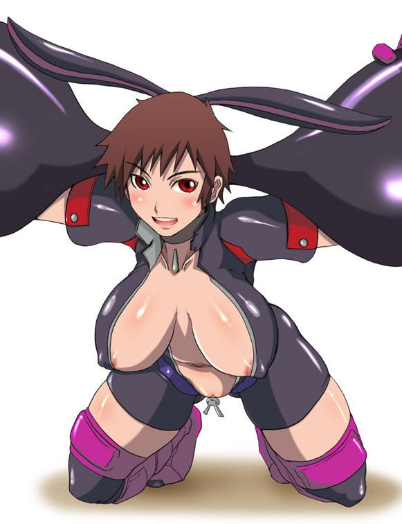 hirokawa kouichirou, ootsuki mina, getsumento heiki miina, armpit, boots, breasts, brown hair, bunny ear, center opening, clit slip, clitoris, clitoris slip, clitslip, hirokawa hiroshi, huge breasts, kneeling, latex, lipstick, mina ootsuki, pussy, red eyess, short hair, thigh boots, thighhighs, uncensored, unzipped, 