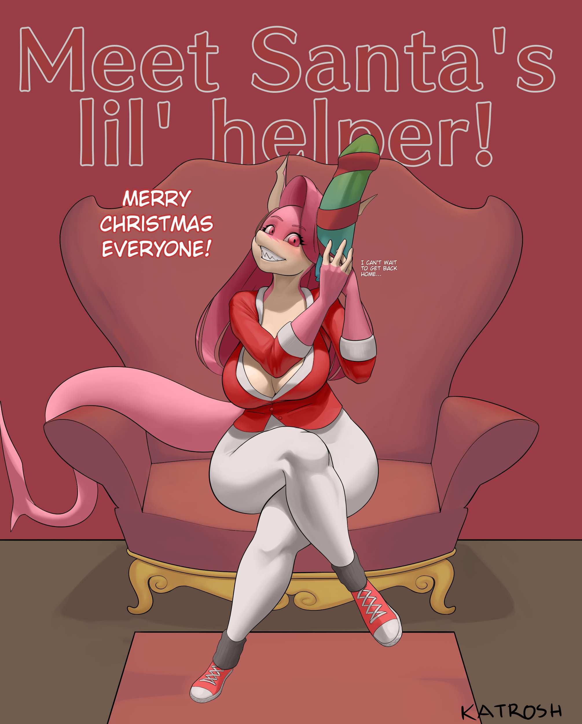 christmas, holidays, absurd res, hi res, text, ass, big breasts, big butt, breasts, chair, christmas clothing, christmas stocking, christmas topwear, clothed, clothing, curvy body, curvy female, curvy figure, dildo, eyelashes, female, fish, footwear, furniture, gift, gift wrapped, hair, huge dildo, katrosh, leggings, legwear, lips, lipstick, long hair, makeup, marine, pink body, pink eyes, pink hair, pink lips, sex toy, shark, shoes, socks, solo, tary, thick thighs, tight clothing, topwear, voluptuous, wide hips, 