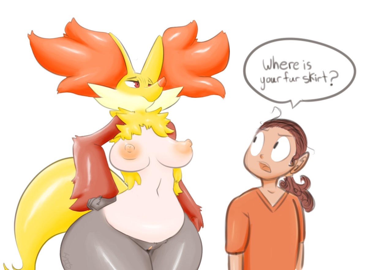 immortalstar, delphox, nintendo, english text, speech bubble, text, breasts, brown hair, dialogue, duo, female, hair, human, inner ear fluff, male, mammal, nipples, open mouth, pokemon, pokemorph, pussy, red eyes, wide hips, 