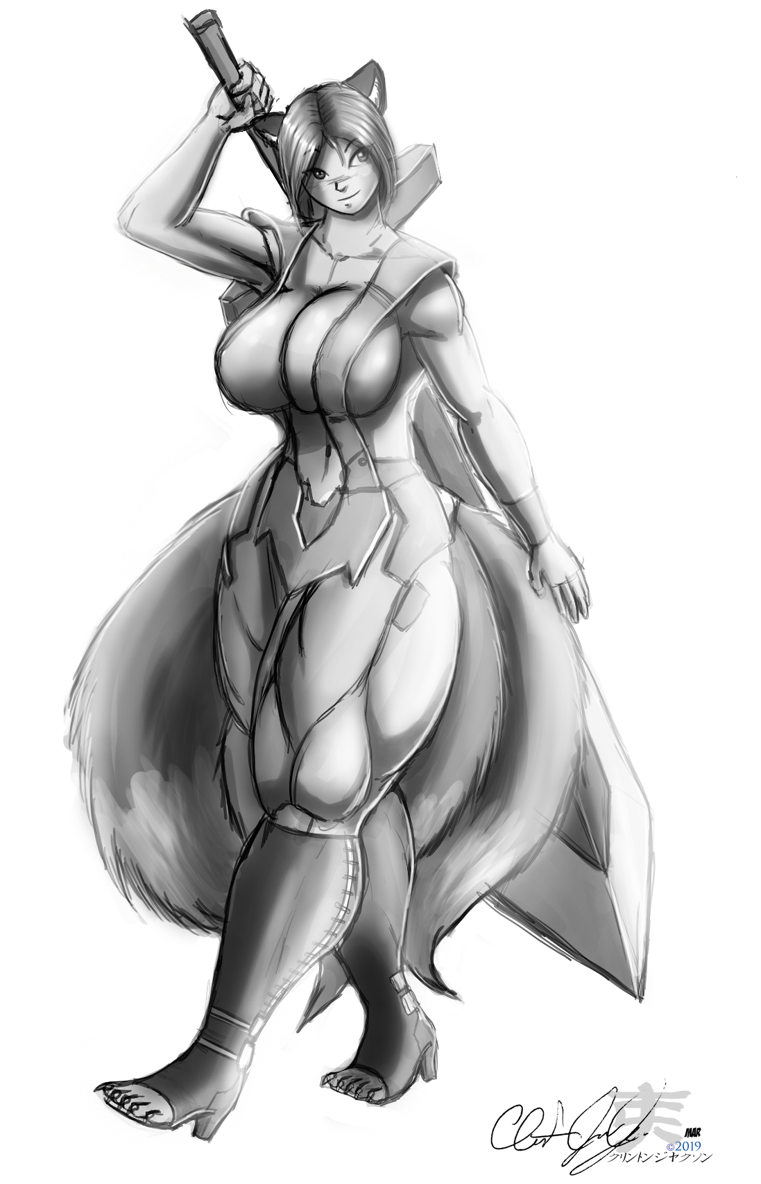 animal ears, anthro, cylnx, female, giant sword, hair, huge breasts, multiple tails, muscular legs, sword, tail, 