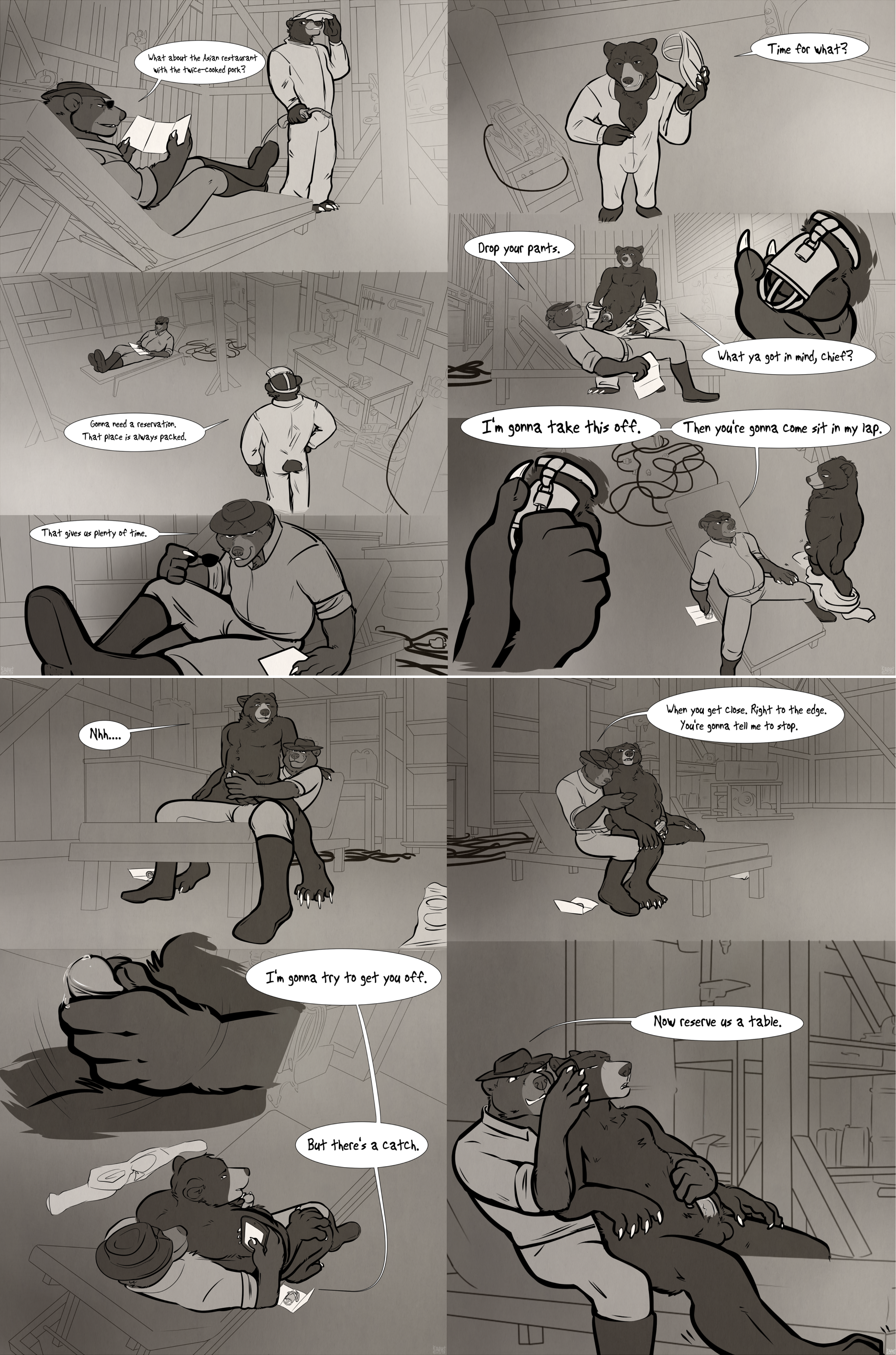 clamp, kaputotter, westhoff, absurd res, black and white, comic, english text, hi res, line art, monochrome, speech bubble, text, 4 fingers, 5 toes, animal genitalia, anthro, balls, barefoot, barrel, beach chair, bear, blowtorch, bodily fluids, boots, bottle, bottomwear, bulge, cable, calling, canister, car, chastity bulge, chastity cage, chastity device, chastity key, circular saw, claws, close-up, clothed, clothing, command, commando, container, couple, cowboy hat, crossed legs, crotch grab, crotch shot, devious, devious grin, dialogue, discarded clothing, dominant, dominant male, drawers, dripping, duo, ears back, edging, erection, evil grin, eyewear, feet, fingers, fluffy, footwear, from behind position, fully clothed, fully sheathed, fur, furniture, garage, genital fluids, genital focus, genitals, grin, grope, half-closed eyes, hammer, hand on penis, handjob, handjob from behind, hat, headgear, headwear, high-angle view, holding balls, holding eyewear, holding glasses, holding object, holding phone, inside, keyholding, leaning, leaning back, lock, looking at another, looking at partner, looking at viewer, looking back, low-angle view, machine, male, male/male, mammal, moan, monotone body, monotone fur, motion lines, narrowed eyes, nude, on lap, one piece suit, open mouth, orgasm denial, paddy (bluecollarhog), padlock, pamphlet, pants, partially clothed, penile, penis, penis focus, penis grab, penis tip, phone, phone call, phone sex, pivoted ears, plantigrade, playful, pointy speech bubble, pole, precum, precum bead, precum drip, protective eyewear, protective gear, question, reach around, reading, relaxed expression, relaxing, resting pose, rolled up sleeves, rubber, rubber boots, ruler, saw, screwdriver, sex, sheath, shirt, side view, sitting on another, sitting on lap, sitting on partner, slightly chubby, smile, soldering, spread legs, spreading, standing, submissive, submissive male, sunglasses, table, tail, teasing, teeth, toe claws, toes, tools, topwear, undressing, unlocked chastity cage, unlocking, unzipping, vehicle, wall (structure), wire, wireframe, wood, wood wall, wooden plank, work clothes, worker, workshop, wrench, 