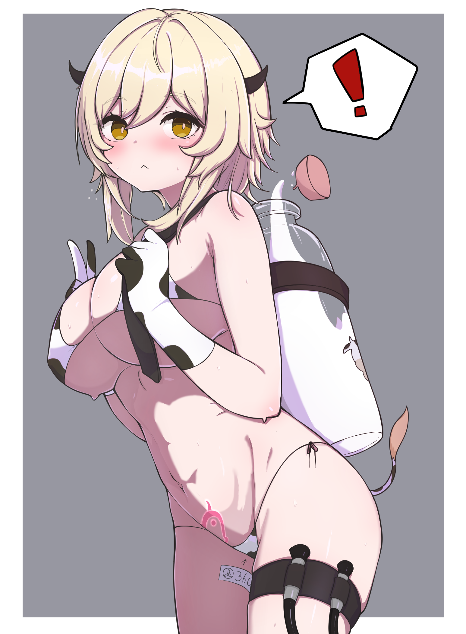 !, 1girls, big breasts, blonde hair, blush, breasts, cow bikini, cow horns, cow print, eye contact, female, genshin impact, gloves, large breasts, looking at viewer, lumine (genshin impact), milk bottle, skyhood, solo, standing, thick thighs, thighhighs, thighs, thong, 
