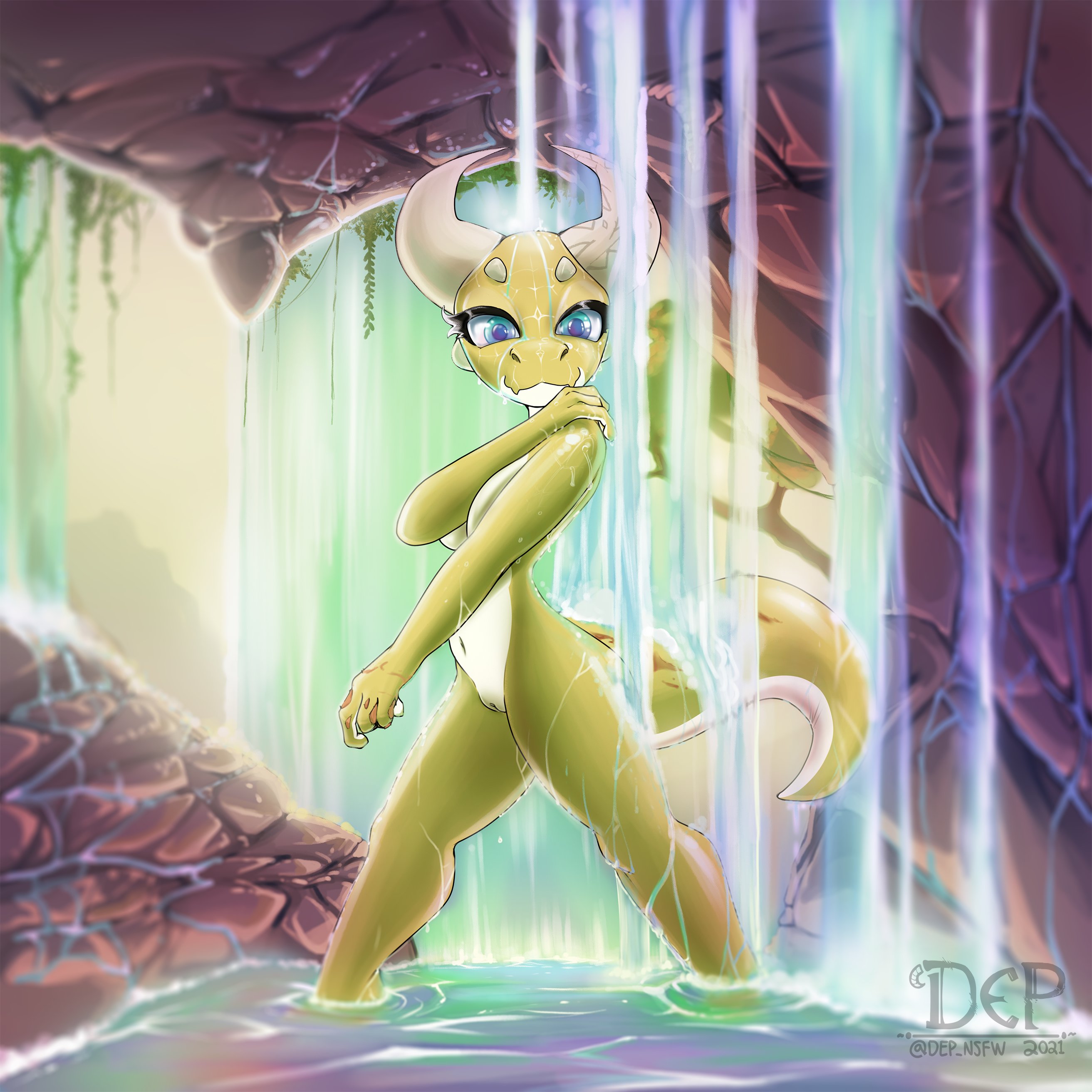 absurd res, hi res, anthro, bathing, blue eyes, breasts, burn scar, dep, errathimal (zettra thorn), female, genitals, horn, kobold, looking at viewer, nature, nature background, pussy, scales, scar, small breasts, solo, thick tail, waterfall shower, wet, yellow body, yellow scales, 