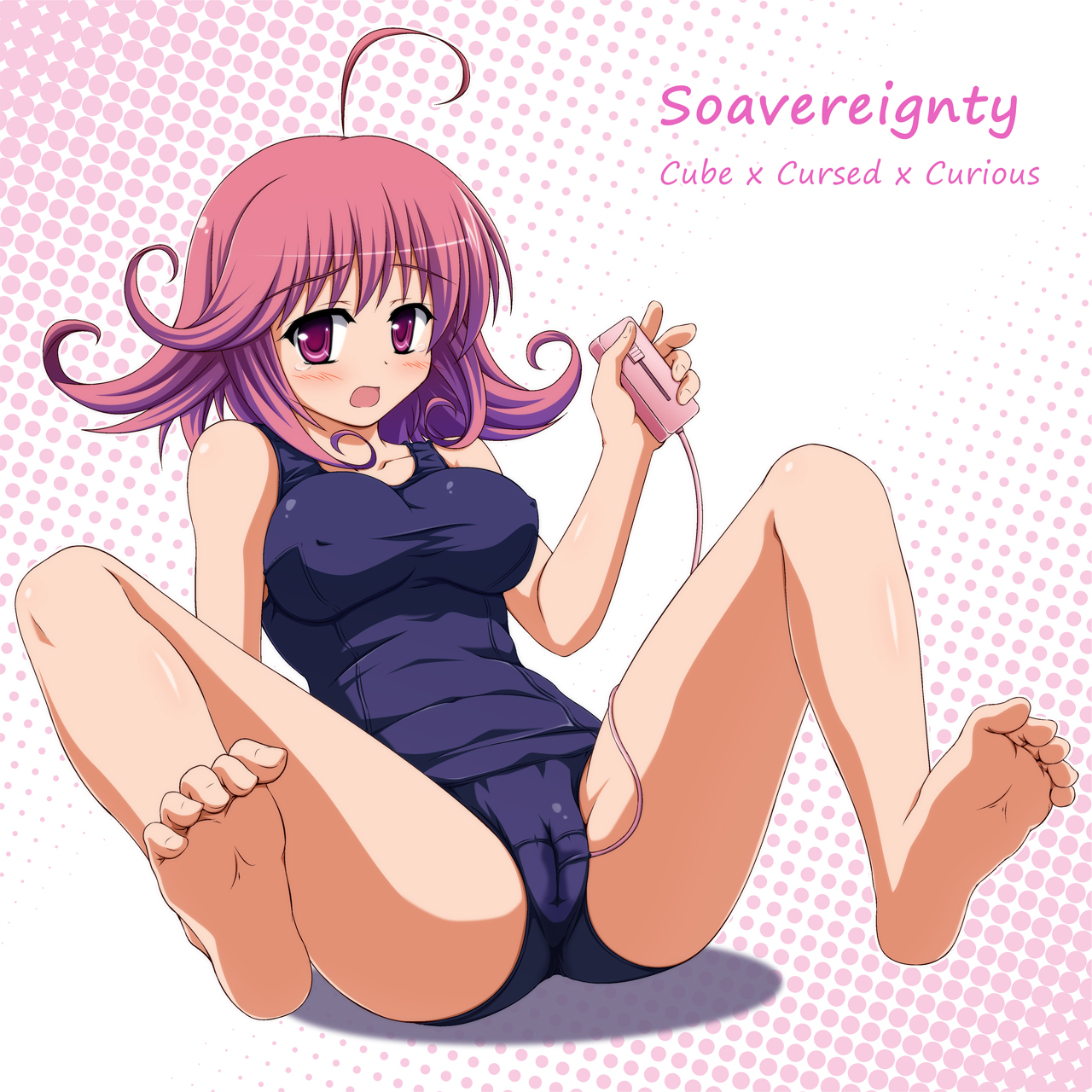 nekoreceipt, sovereignty, cube x cursed x curious, highres, barefoot, blush, breasts, cameltoe, character name, clothes, feet, hair, impossible clothes, impossible swimsuit, one-piece swimsuit, pov feet, purple eyes, purple hair, school swimsuit, short hair, sitting, solo, spread legs, swimsuit, tear, title drop, vibrator, 