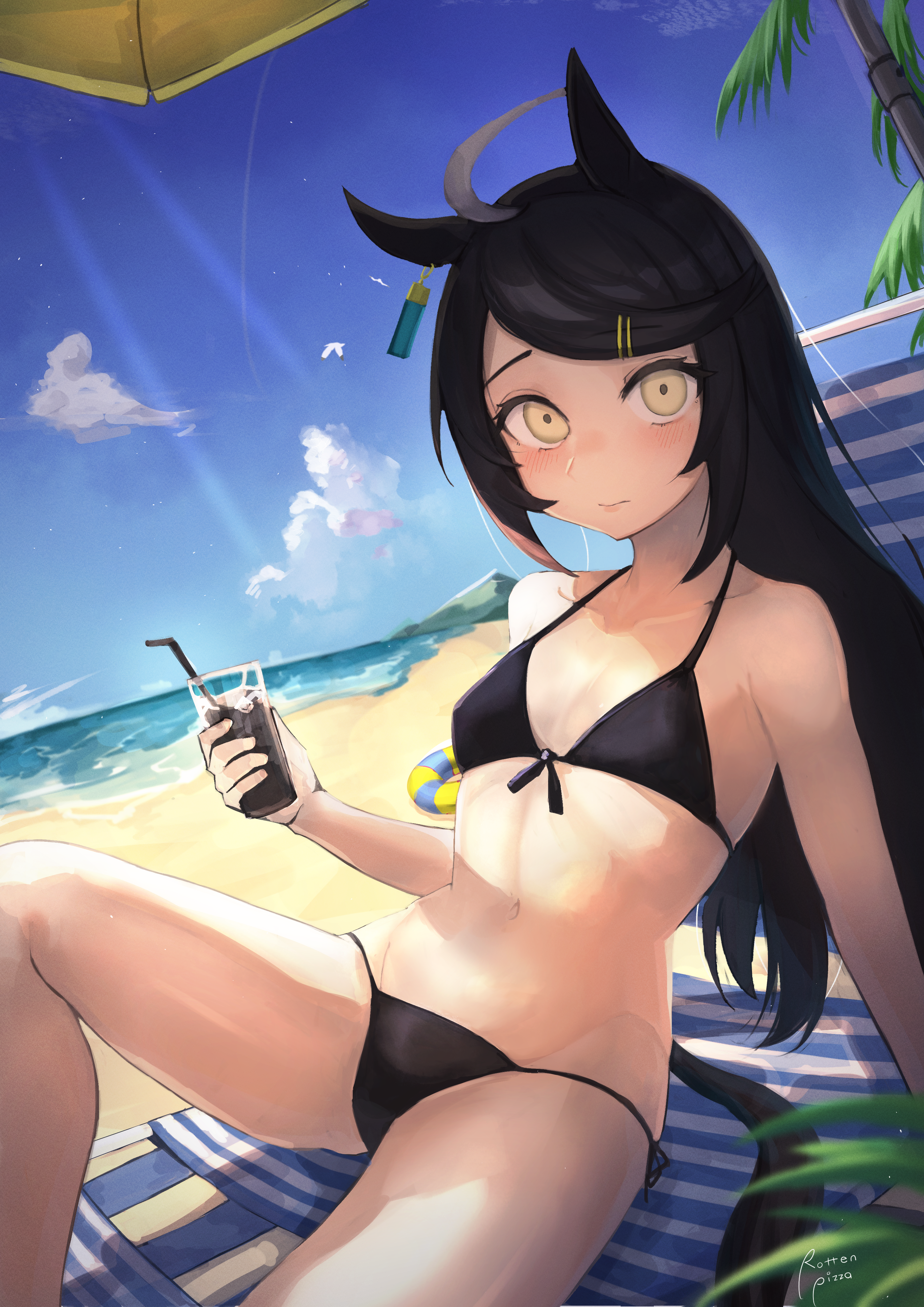1girls absurd_res absurdres animal_ears armpits beach belly belly_button bikini bikini_bottom bikini_only bikini_top black-haired_female black_bikini black_bikini_bottom black_bikini_top black_hair black_string_bikini black_swimsuit black_swimwear black_tail blue_sky blush blush_lines blushing_female breasts clouds coast collarbone dot_nose embarrassed embarrassed_female female female_focus female_only fingernails fingers flat_chest flat_chested glass groin hair_ornament hairpin high_resolution highres knee_up legs light-skinned_female light_skin long_hair looking_at_viewer manhattan_cafe_(umamusume) navel ocean outdoors parasol parted_bangs petite petite_body petite_breasts petite_female pussy rottenpizza sand sea seaside shoulders sitting sky slender_body slender_waist slim_female slim_waist small_breasts solo straw string_bikini swimsuit swimwear tail thick_thighs thighs thin_waist umamusume upper_body v-line yellow-eyed_female yellow_eyes
