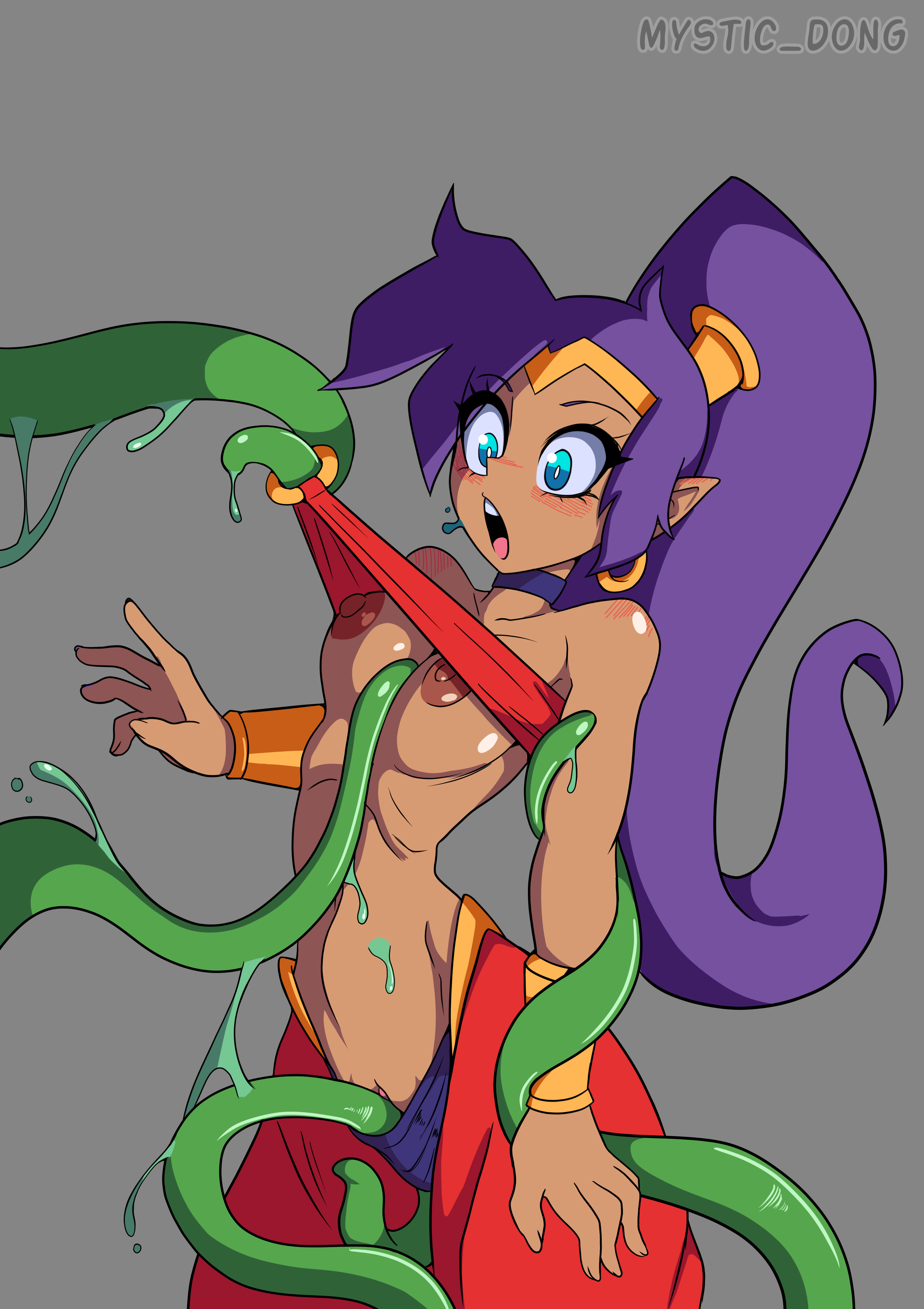 1girls 5_fingers absurd_res areola blue_eyes blush bra_pull breasts choker clothing female fingers genitals green_tentacles hair hi_res humanoid humanoid_pointy_ears long_hair mystic_dong nipples open_mouth ponytail purple_hair pussy shantae shantae_(character) solo spread_legs stripped_by_tentacles tentacle tentacle_around_arm tentacle_between_breasts tentacle_under_panties tentacles_around_arms tentacles_under_clothes wayforward wide_eyed wide_hips