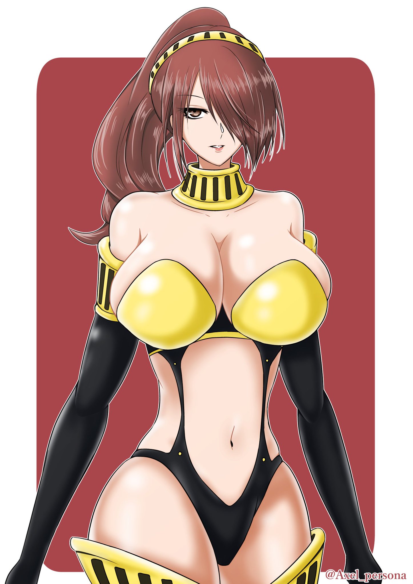 mitsuru kirijo, persona, persona 3, tagme, armor, big breasts, clothed, huge breasts, looking at viewer, red eyes, red hair, skimpy, thighhighs, 