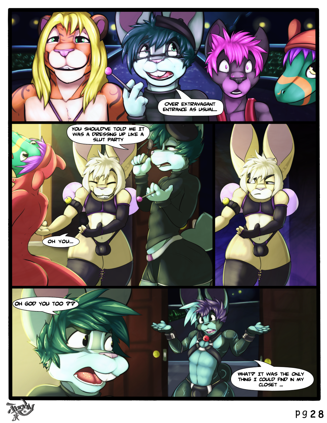 inoby, halloween, holidays, comic, english text, panels, text, big ears, dialogue, door, feline, grass, group, lagomorph, male only, mammal, mostly nude, party, rabbit, stripes, tiger, 