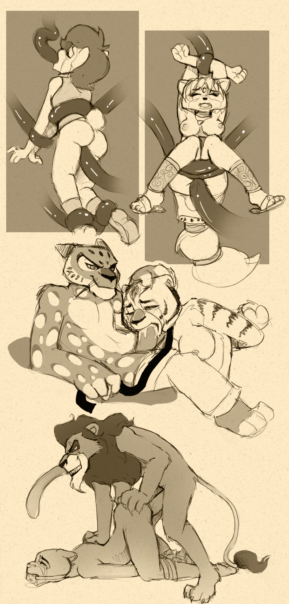 syberfox, krystal, master tigress, nala, sally acorn, tai lung (kung fu panda), archie comics, disney, kung fu panda, sonic (series), star fox, the lion king, comic, crossover, monochrome, anthro, bondage, canine, chipmunk, female, fox, fur, furry, lion, male, penis, rough sketch, scar, straight, tiger, 