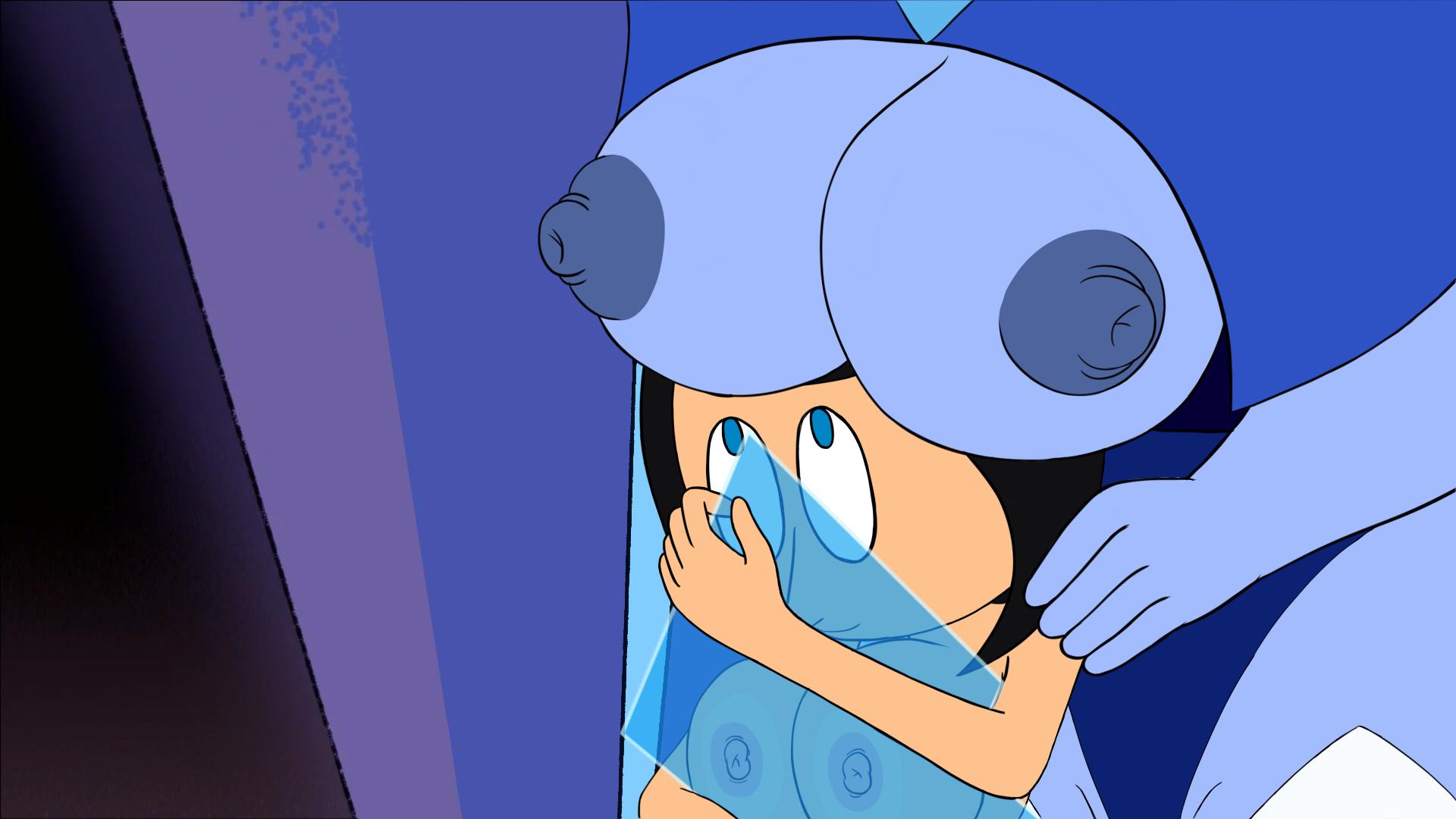 diklonius, sunny edits, holly blue agate, steven universe, edit, screenshot, screenshot edit, 2girls, against glass, big breasts, black hair, blue nipples, blue skin, breasts, breasts against glass, pink nipples, 
