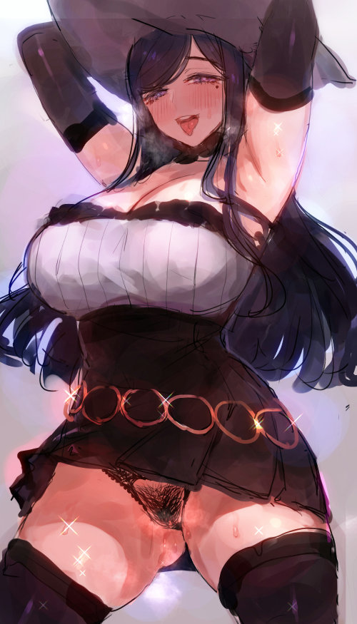 c.cu, big breasts, blush, breasts, cleavage, female, female only, large breasts, looking at viewer, open mouth, pubic hair, solo, thighhighs, tongue, tongue out, 
