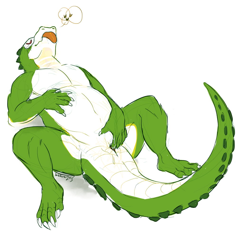 furikake, 2015, 1boy, anatomically correct, animal genitalia, anthro, belly, big belly, claws, closed eyes, crocodile, fingering, genital slit, heart, lying, male, male only, masturbation, nude, on back, reptile, scalie, slit, slit play, solo, thick tail, tongue, tongue out, 