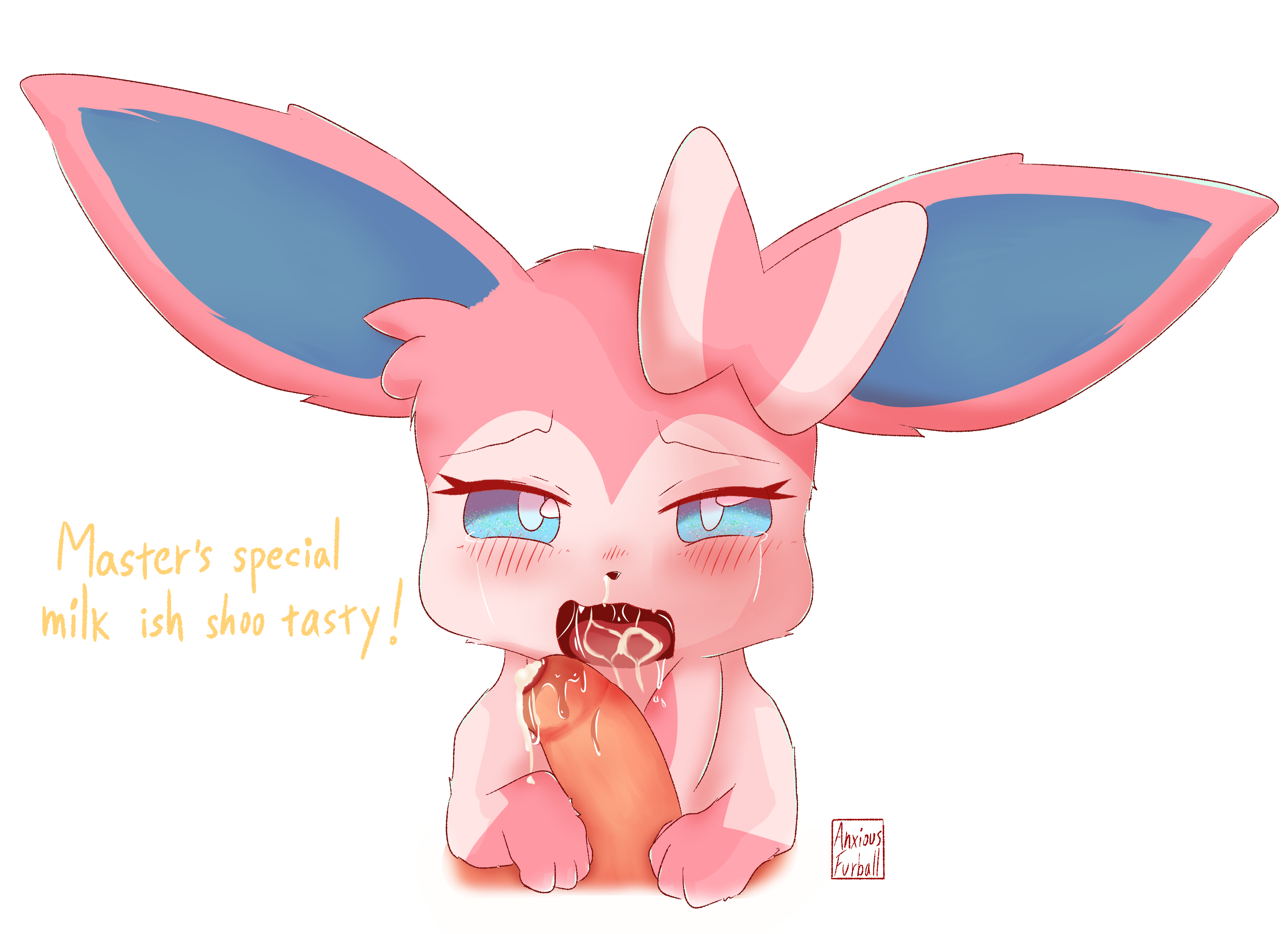 eeveelution, pokemon (species), sylveon, nintendo, hi res, text, after oral, ambiguous gender, anxiousfurball, blue eyes, bodily fluids, cum, cum drip, cum in mouth, cum inside, dripping, duo, feral, fur, generation 6 pokemon, genital fluids, human, looking at viewer, male, mammal, multicolored body, multicolored fur, open mouth, pink body, pink fur, pokemon, pokephilia, saliva, tears, white body, white fur, 