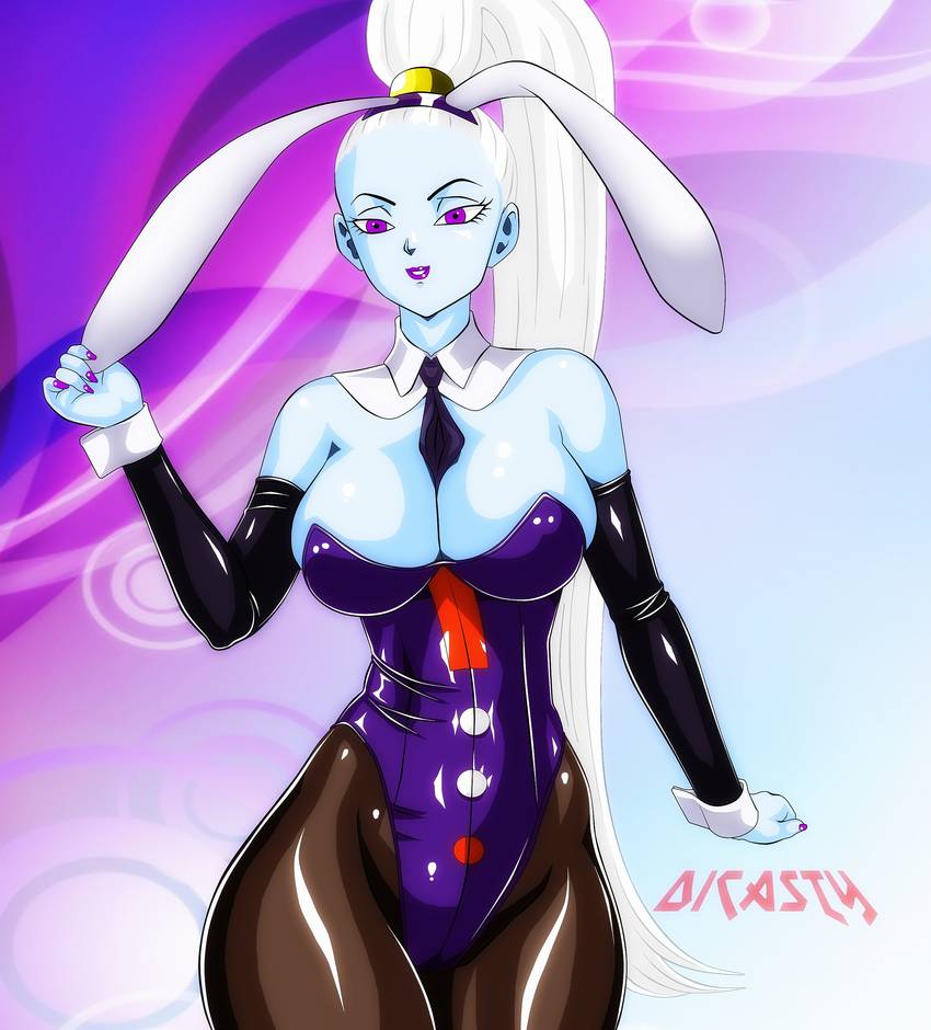 dicasty, vados, dragon ball, dragon ball super, text, watermark, 1girls, alternate breast size, alternate outfit, angel, big ass, blue skin, bunny ears, bunnysuit, eye contact, half-closed eyes, looking at viewer, solo, wide hips, 