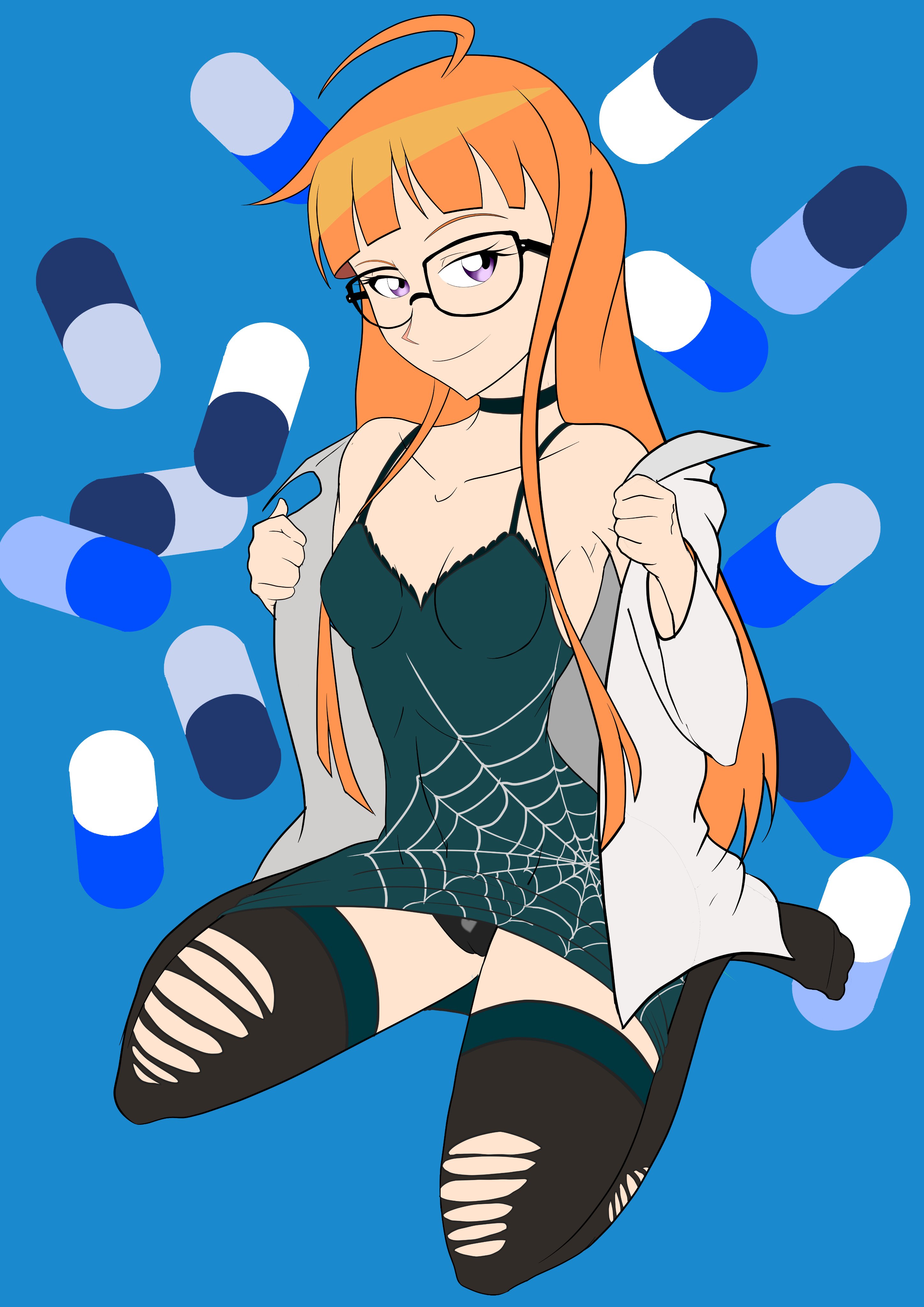 sakura futaba, tae takemi, atlus, persona, persona 5, shin megami tensei, simple background, doctor, dress lift, glasses, goth, labcoat, petite, pills, punk rocker, purple eyes, red hair, small breasts, 