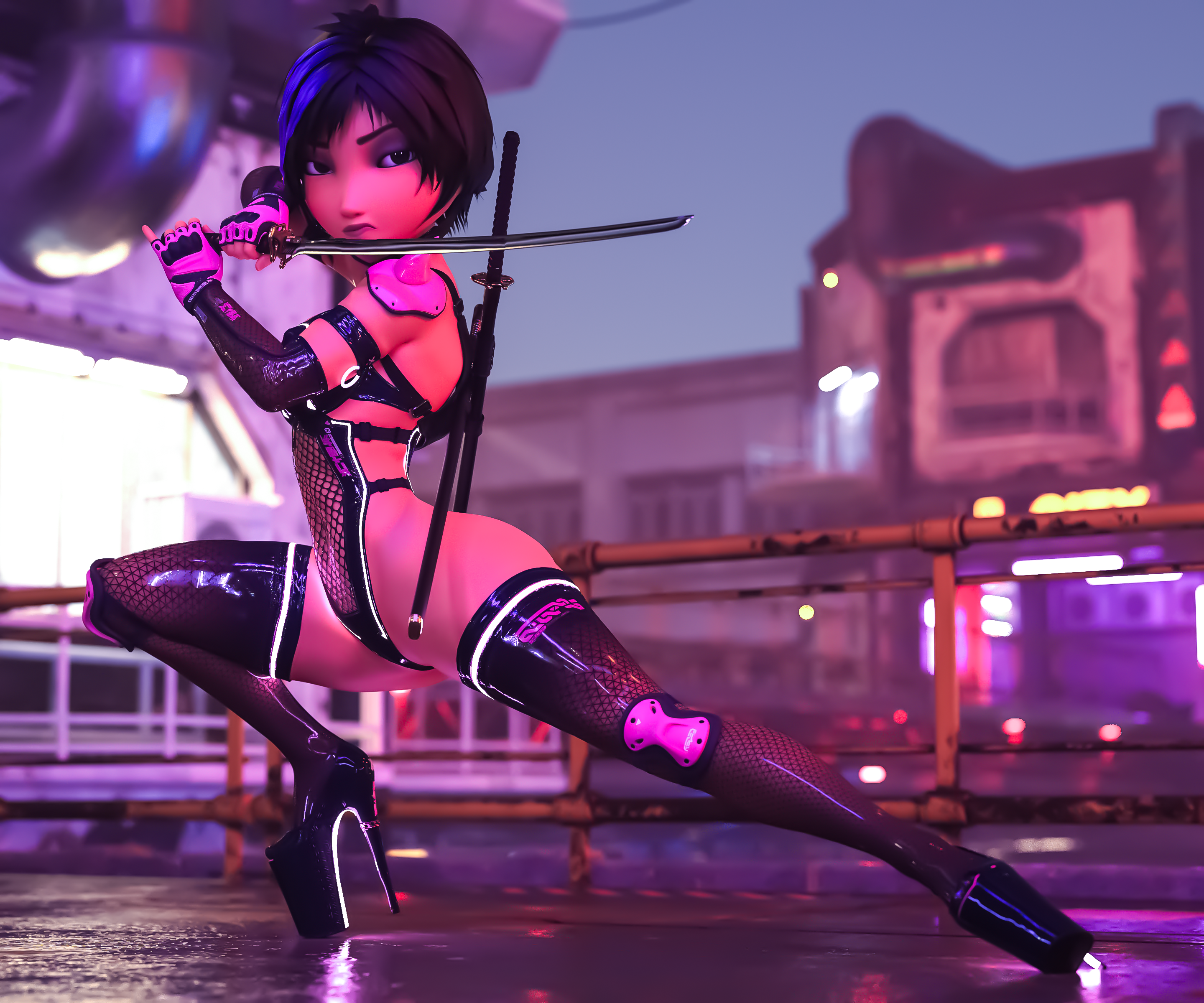 1girls 3d 3d_render big_hero_6 bludergat99 female female_only gogo_tomago high_heels highres katana looking_at_viewer marvel marvel_comics solo solo_female