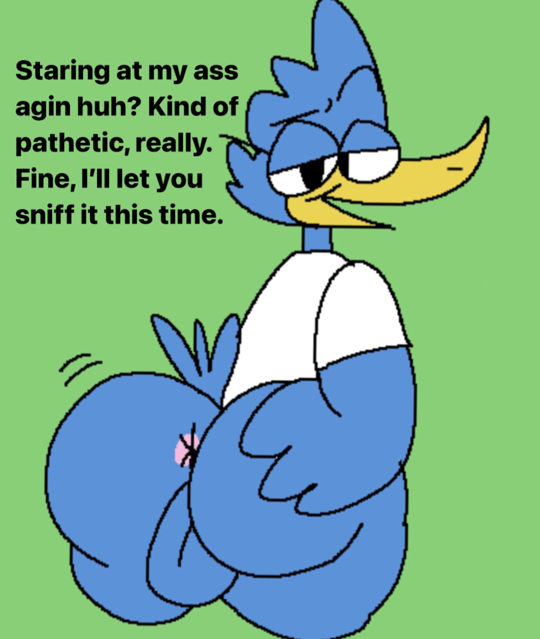 anus ass avian balls beak berdly big_ass big_butt bird bubble_ass bubble_butt degradation deltarune eyewear genitals glasses hi_res male male_only mocking motion_lines nerd smug sniffing solo spread_ass spread_butt spreading text undertale_(series)