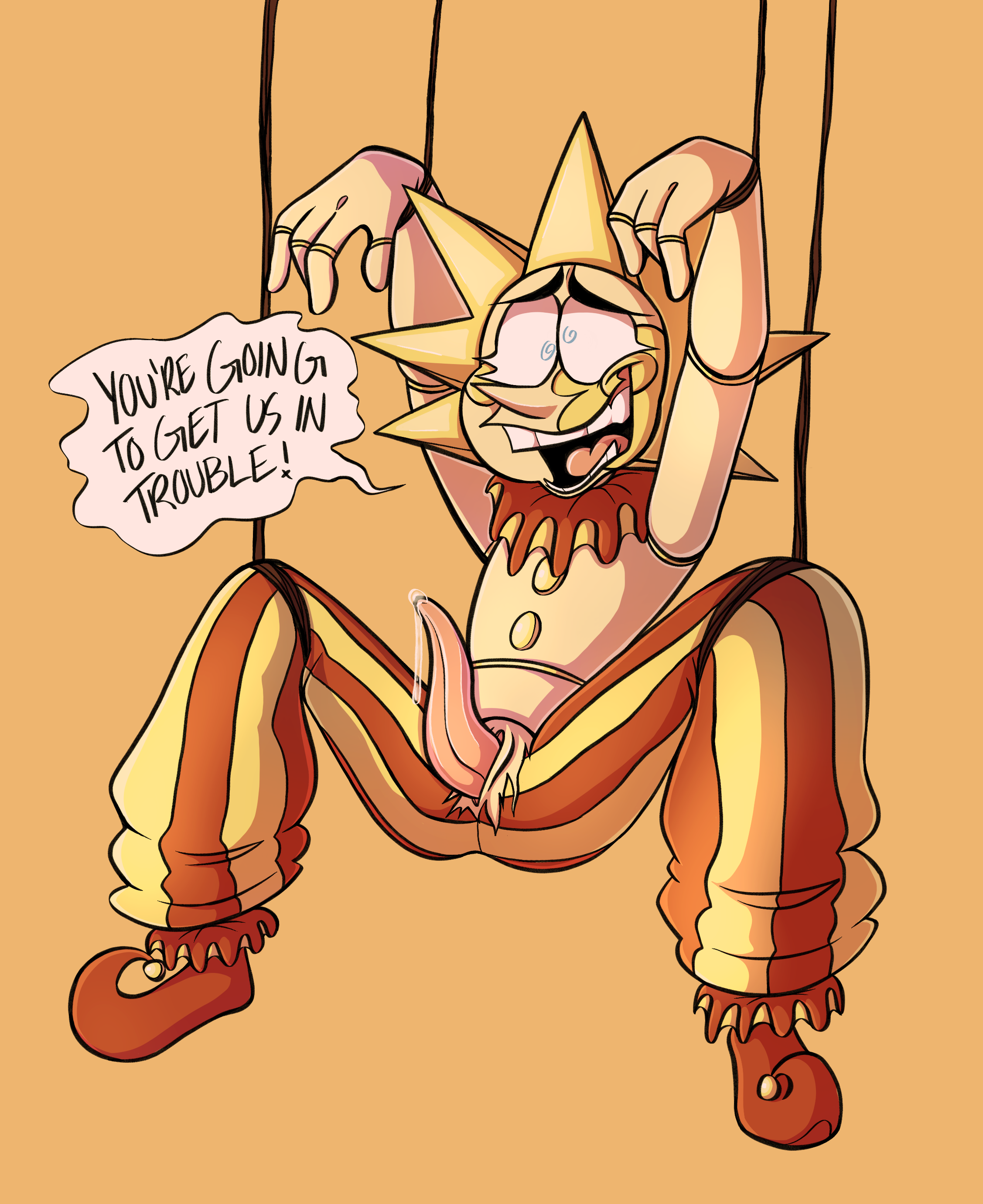 animatronic, dialogue, partially clothed, precum, precum drip, sunnydrop (security breach), tentacle, tentacle penis, tied up, 