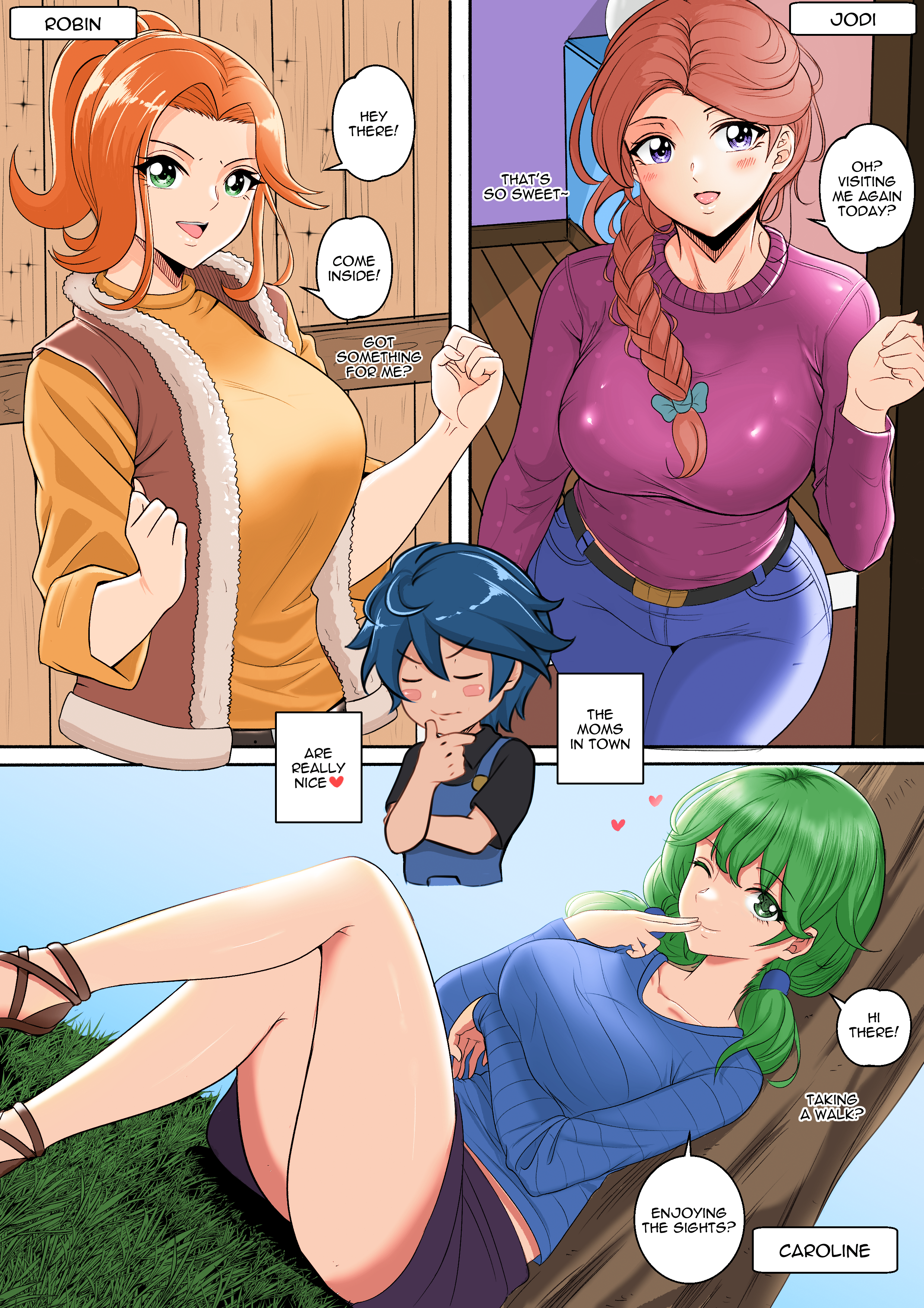 caroline (stardew valley), jodi (stardew valley), robin (stardew valley), stardew valley, 1boy, 3girls, arm under breasts, belt, braided hair, brunette, crossed legs, finger to mouth, fully clothed, green hair, jeans, large breasts, looking at viewer, mother, mushymushy desu, outside, ponytail, red hair, ribbon, satansoft1, sitting, sweater, upskirt, wink, 