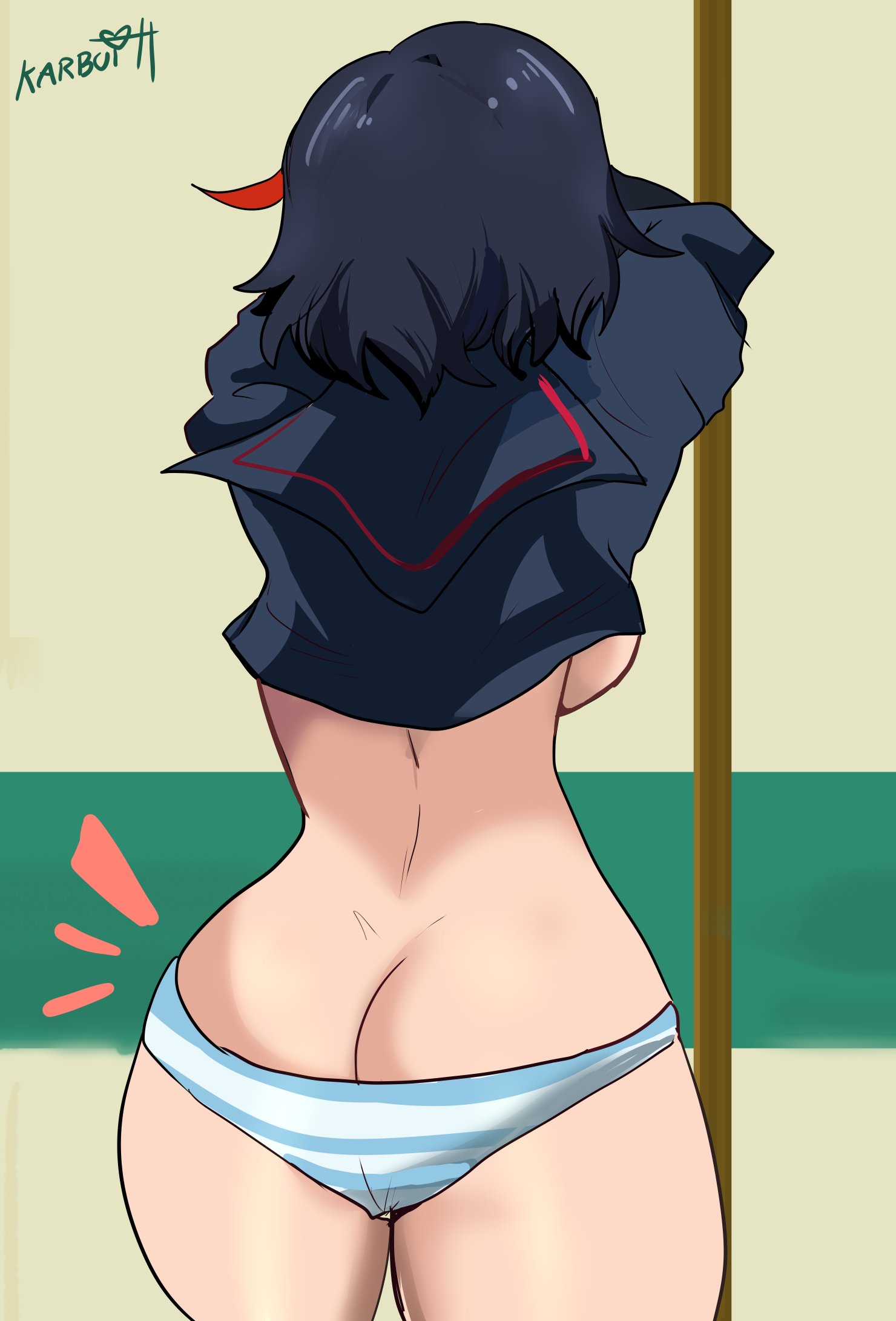 karbuitt, matoi ryuuko, kill la kill, alternate version available, tagme, 1female, 1girls, ass, ass focus, back view, big ass, big butt, black hair, bubble ass, bubble butt, butt focus, red hair, removing clothing, removing shirt, ryukoredraw, short hair, small breasts, solo female, thick ass, thick butt, unaware, underwear, 