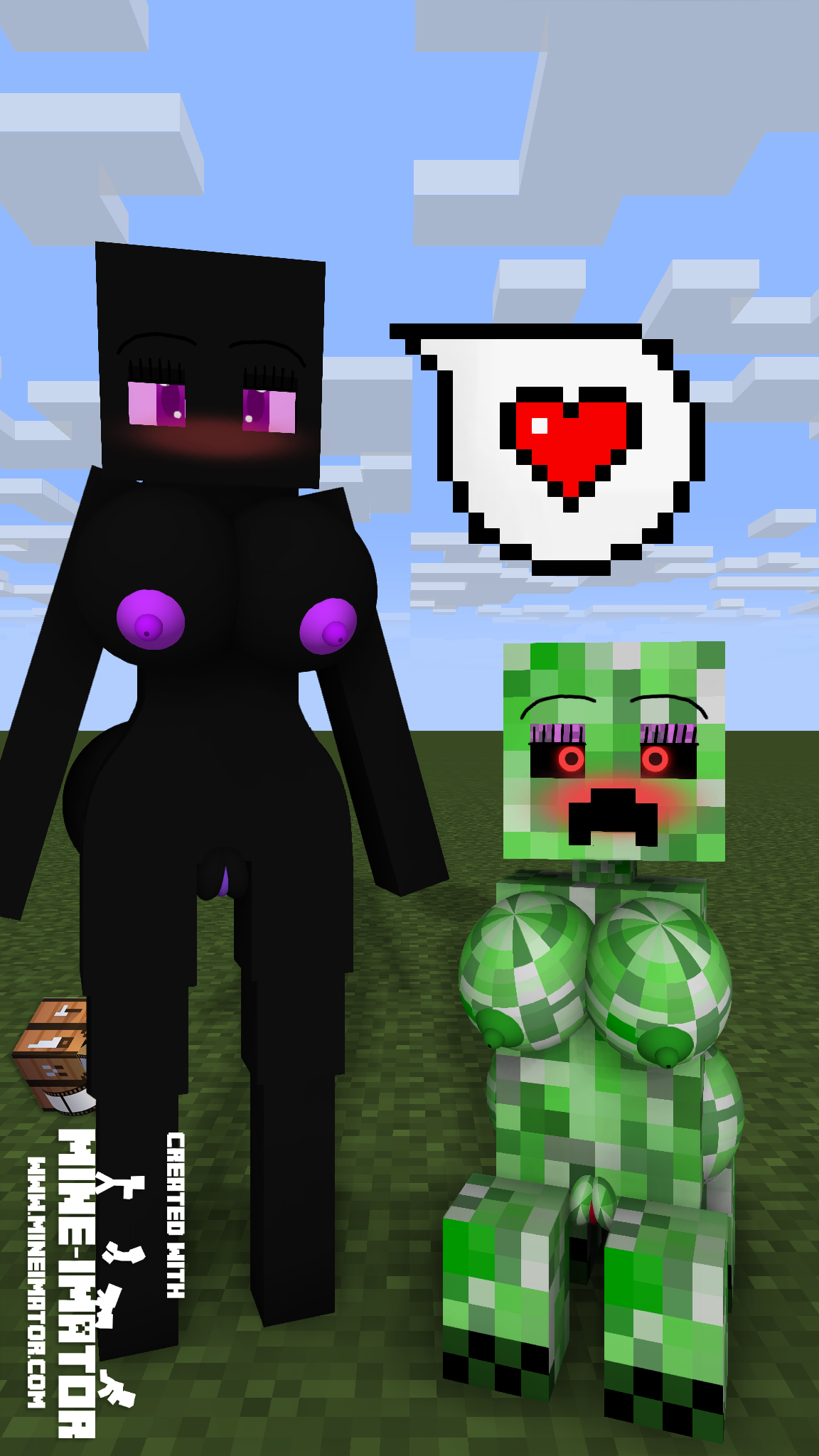 creeper, enderman, enderwoman, minecraft, 3d, tagme, 2girls, big breasts, creeperwoman, model, monster girl, monsters, 